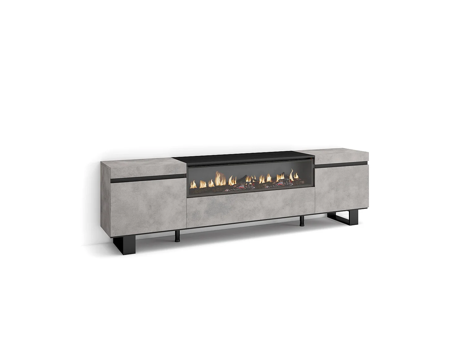 TV-Meubel, Lowboard, 200x35x57cm, Voor tv's tot 80", Elektrische haard, Industrieel design, Cement