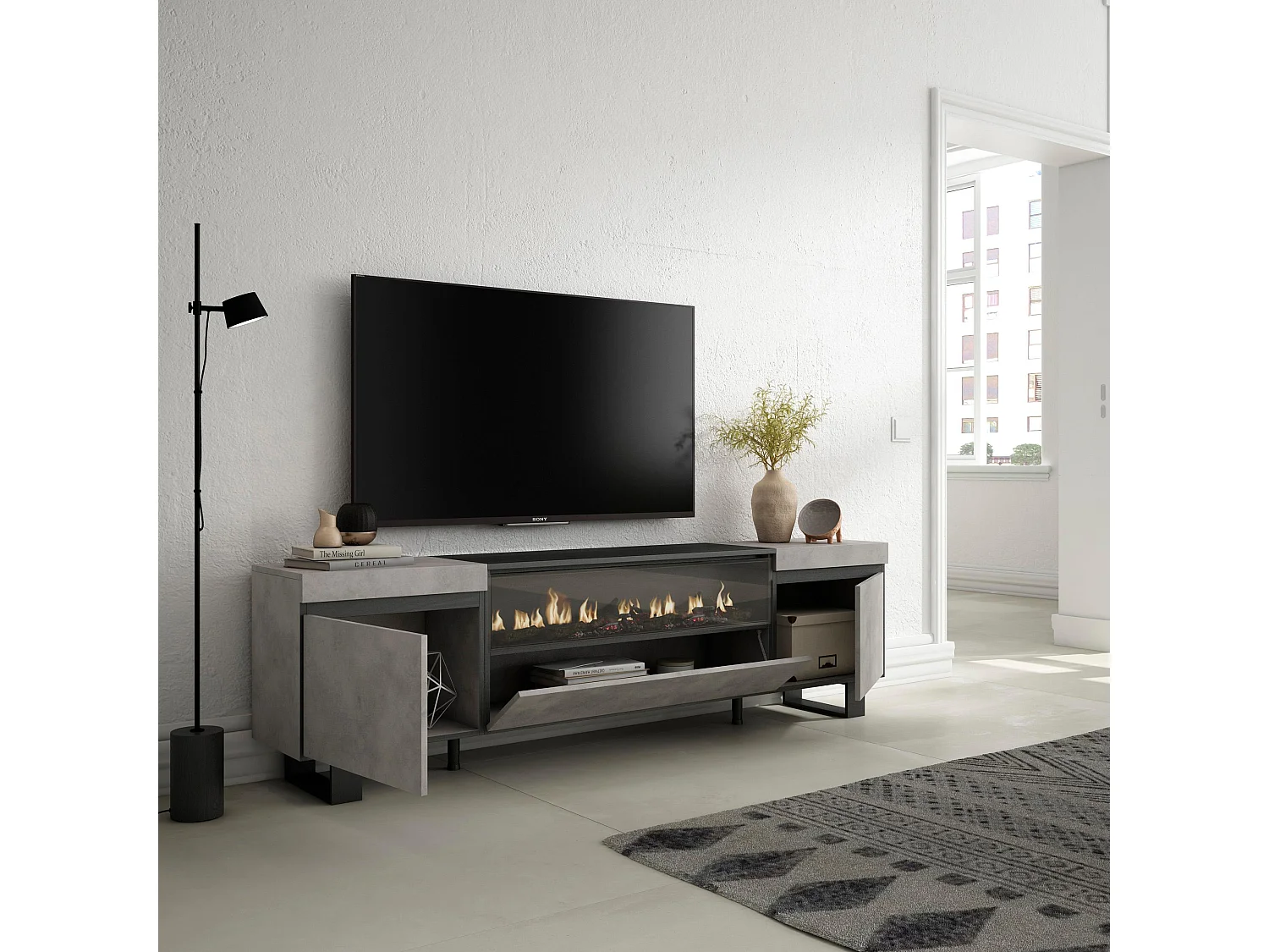 Meuble TV, Banc Télé, 200x35x57cm, Pour les TV jusqu'à 80", Cheminée électrique, Design industriel, Ciment