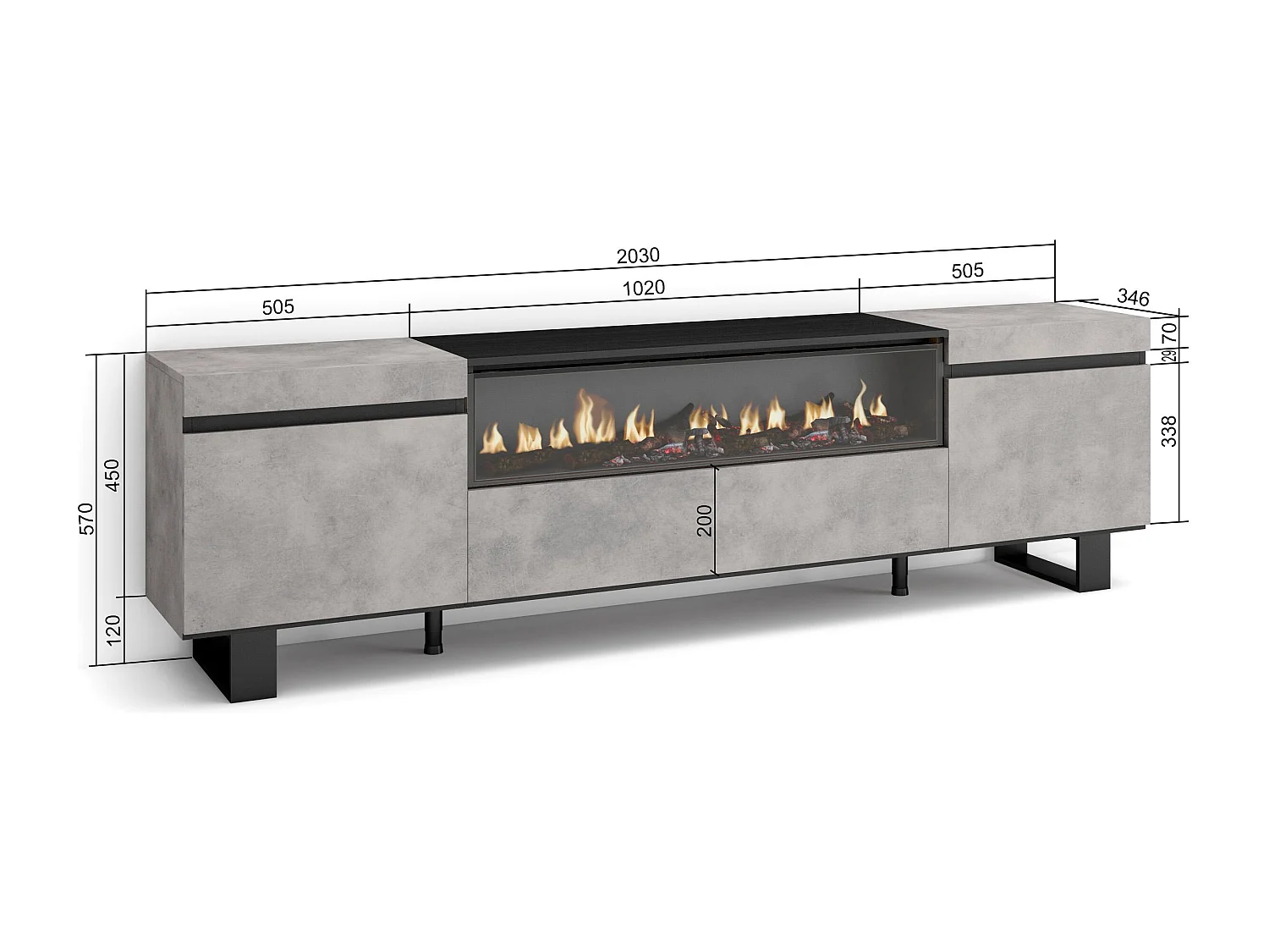 Meuble TV, Banc Télé, 200x35x57cm, Pour les TV jusqu'à 80", Cheminée électrique, Design industriel, Ciment