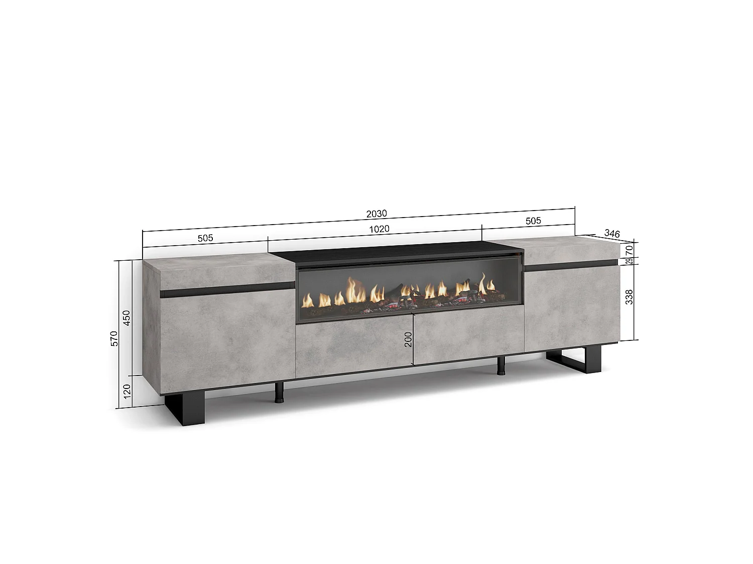 TV-Meubel, Lowboard, 200x35x57cm, Voor tv's tot 80", Elektrische haard, Industrieel design, Cement