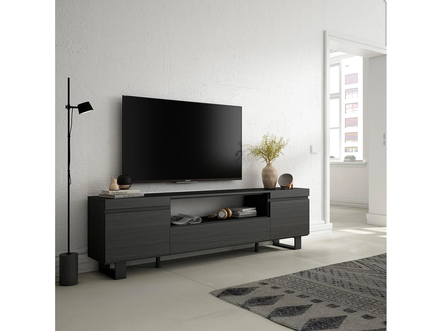 TV-Schrank, Lowboard, 200x35x57cm, Für TV-Geräte bis zu 80", Industriedesign, Schwarz