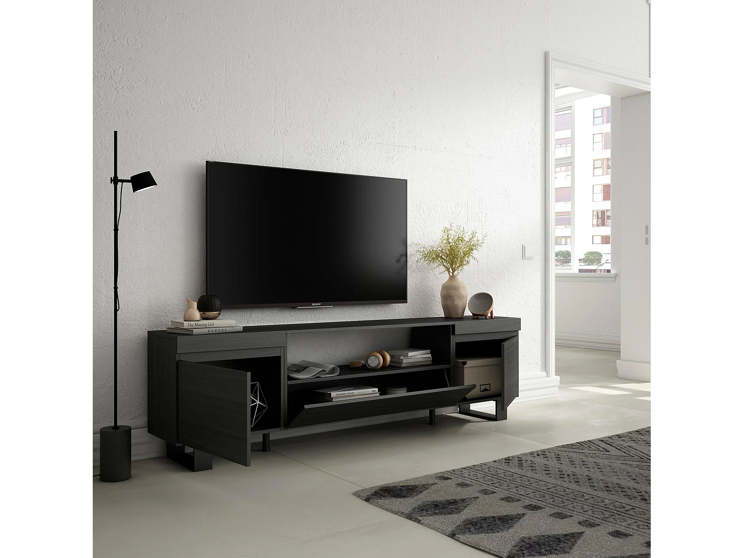 TV-Schrank, Lowboard, 200x35x57cm, Für TV-Geräte bis zu 80", Industriedesign, Schwarz