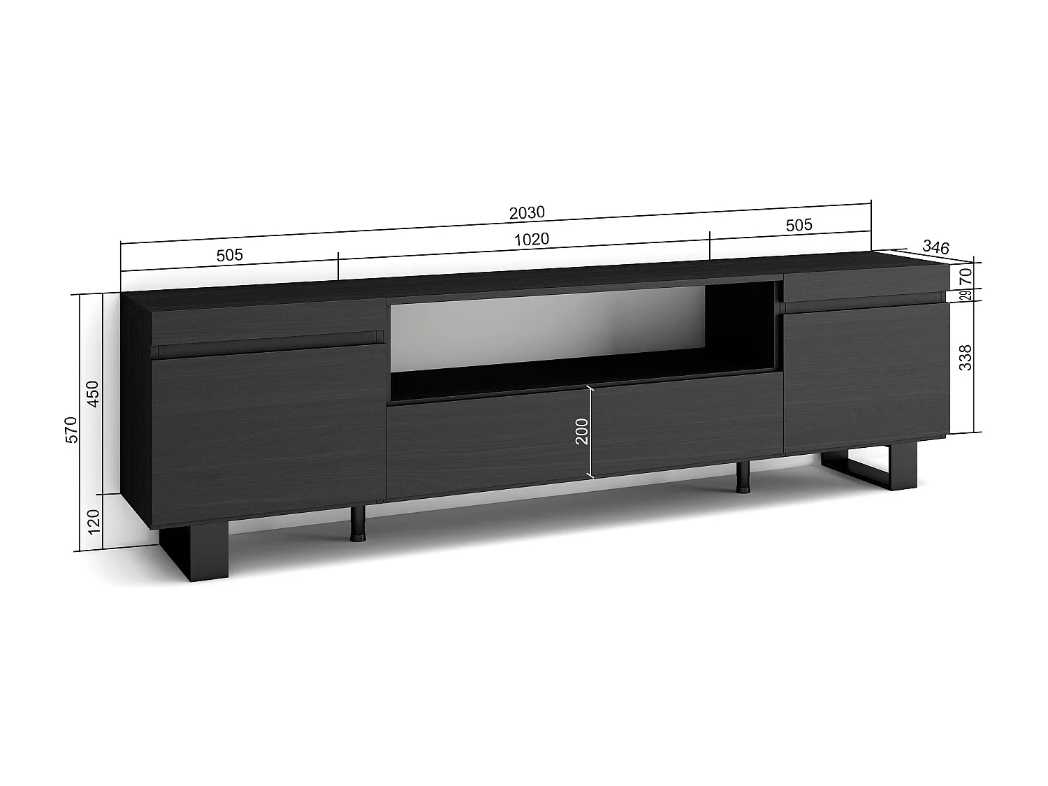 TV-Meubel, Lowboard, 200x35x57cm, Voor tv's tot 80", Industrieel design, Zwart