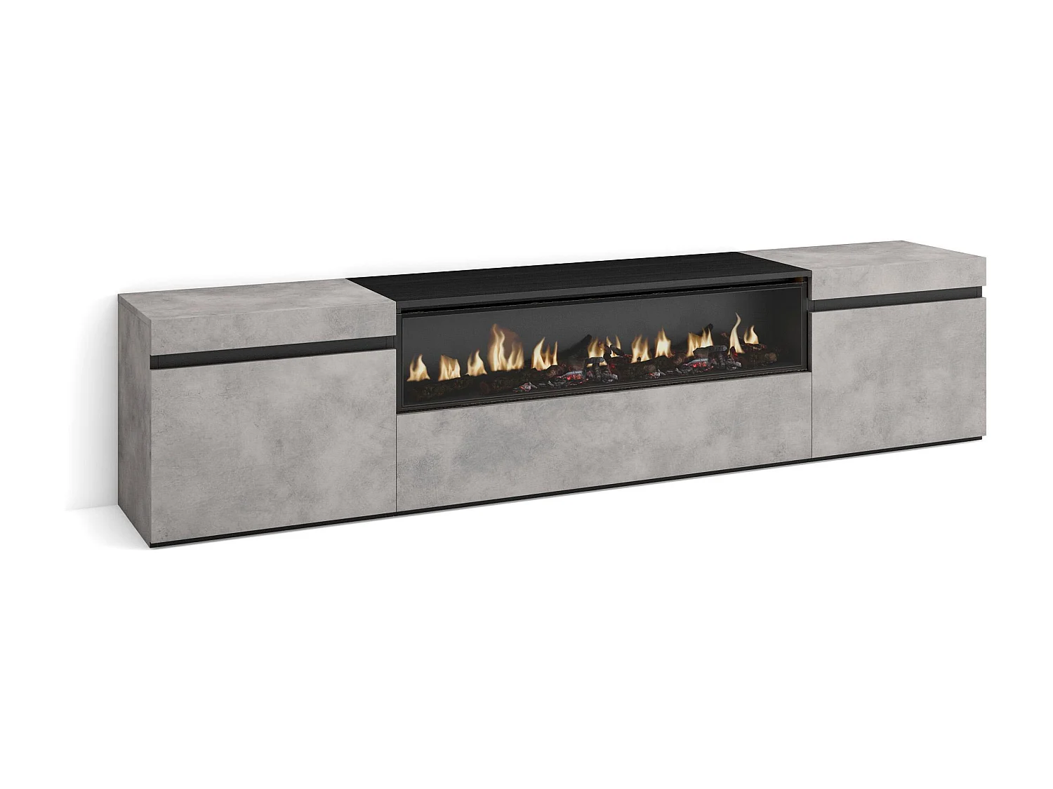 TV-Schrank, Lowboard, 200x35x45cm, Für TV-Geräte bis zu 80", Elektrokamin, Zement