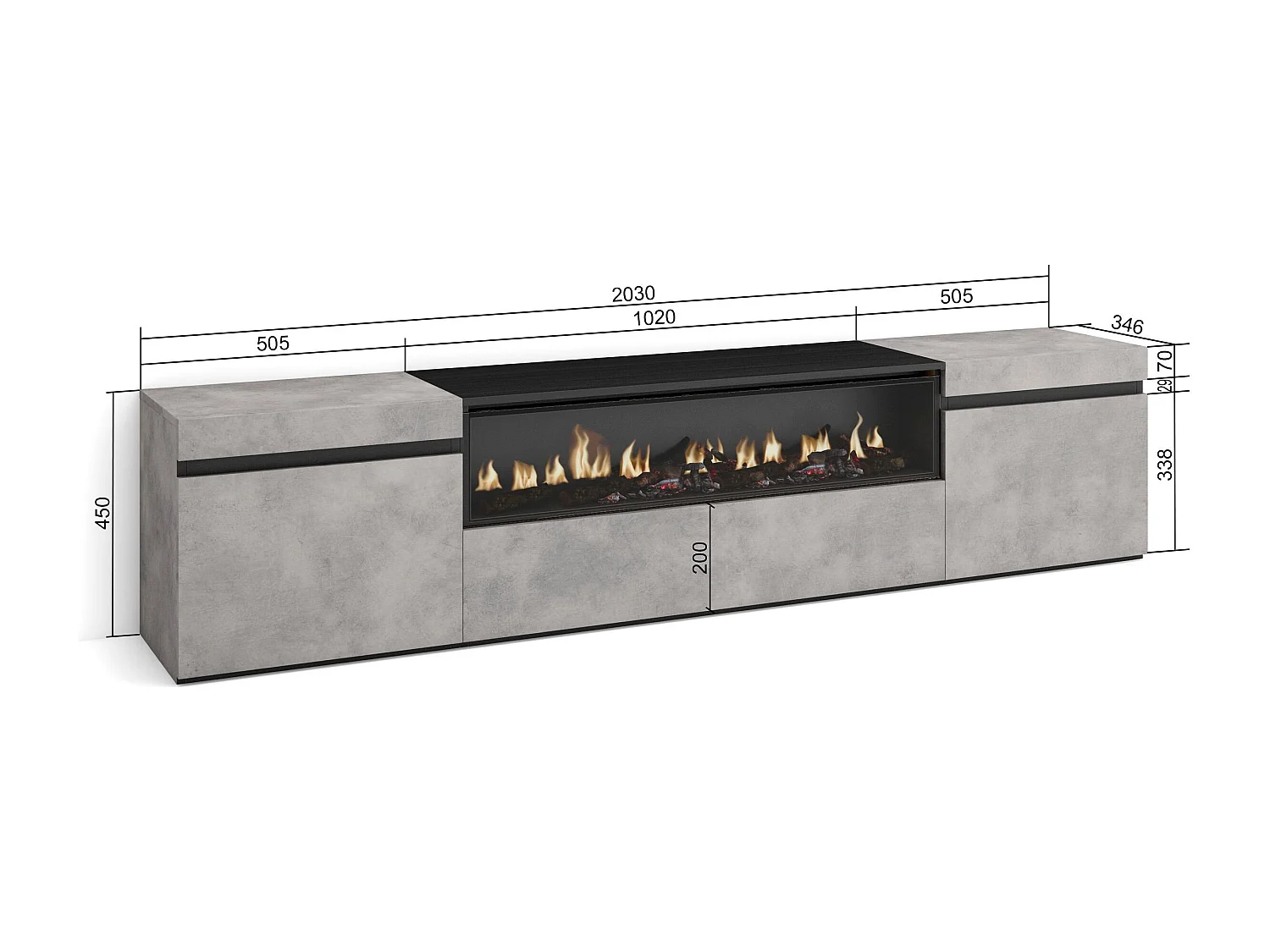 TV-Schrank, Lowboard, 200x35x45cm, Für TV-Geräte bis zu 80", Elektrokamin, Zement