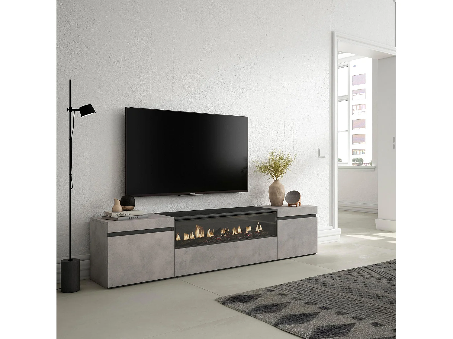 Móvel de TV, 200x35x45cm, Para televisores até 80", Lareira eléctrica, Cimento
