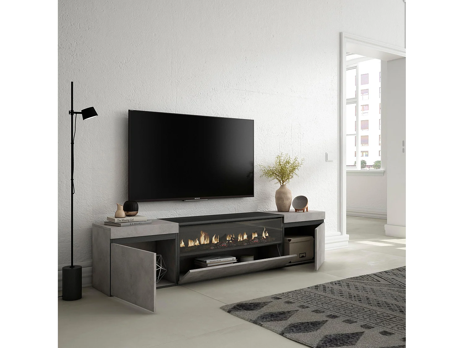 Móvel de TV, 200x35x45cm, Para televisores até 80", Lareira eléctrica, Cimento