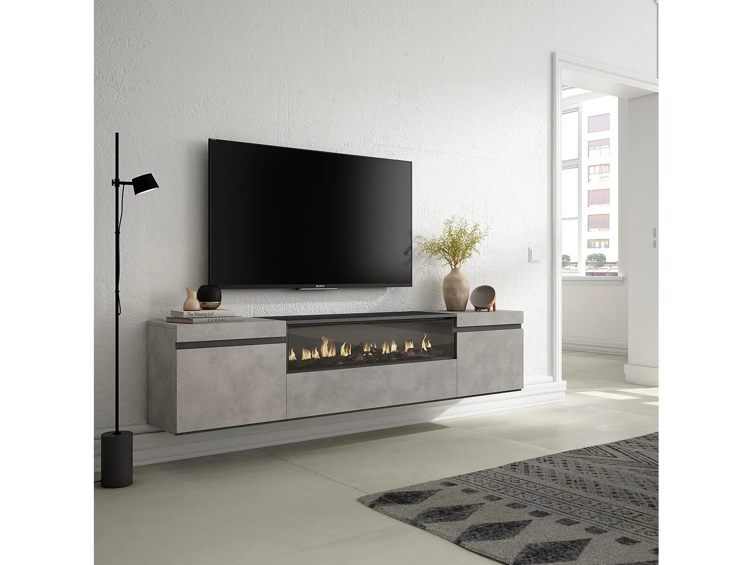 Mobile TV Soggiorno, 200x35x45cm, Per TV fino a 80", Camino elettrico, Sospeso, da appendere, Cemento