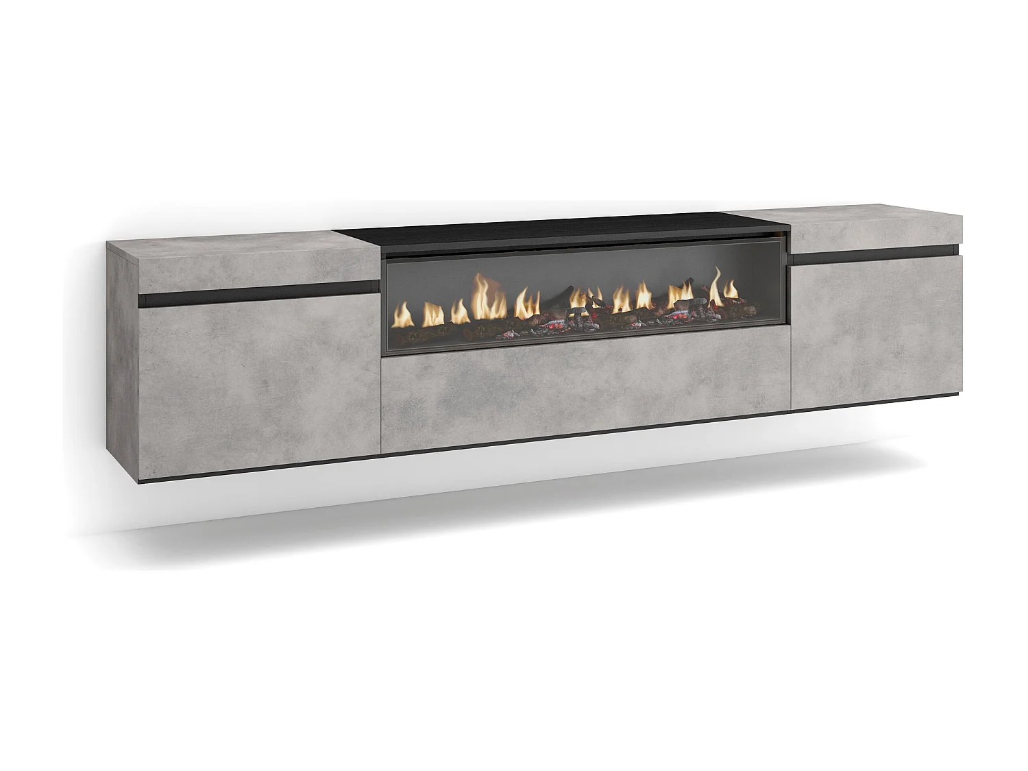 Mobile TV Soggiorno, 200x35x45cm, Per TV fino a 80", Camino elettrico, Sospeso, da appendere, Cemento