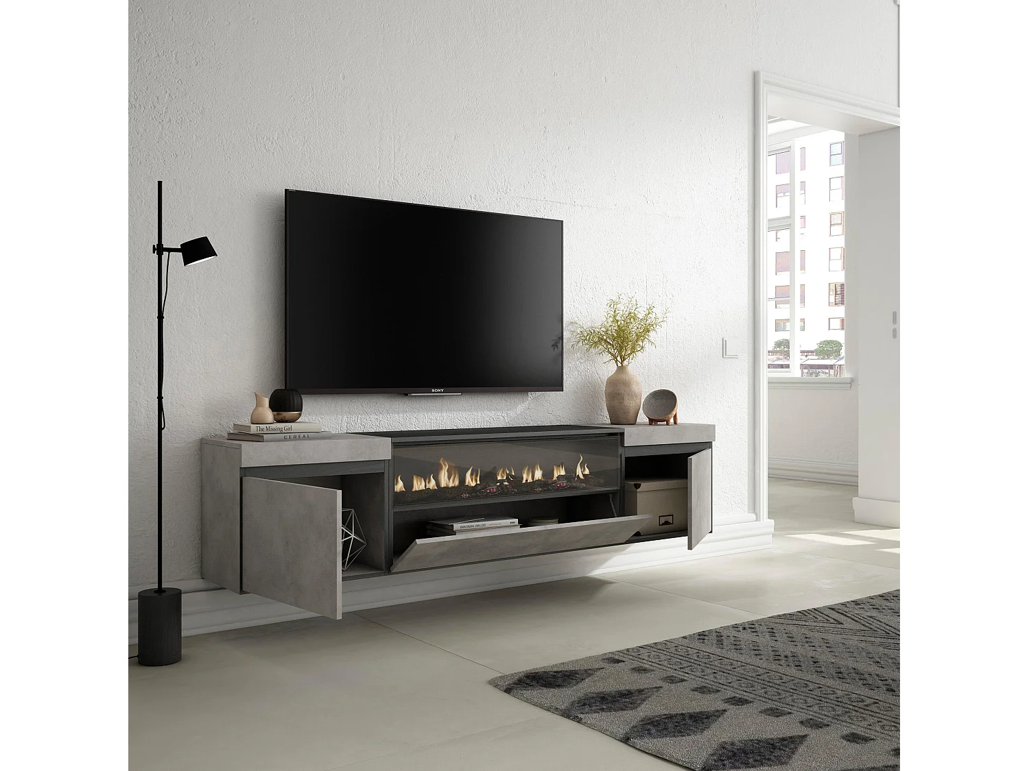 Mobile TV Soggiorno, 200x35x45cm, Per TV fino a 80", Camino elettrico, Sospeso, da appendere, Cemento