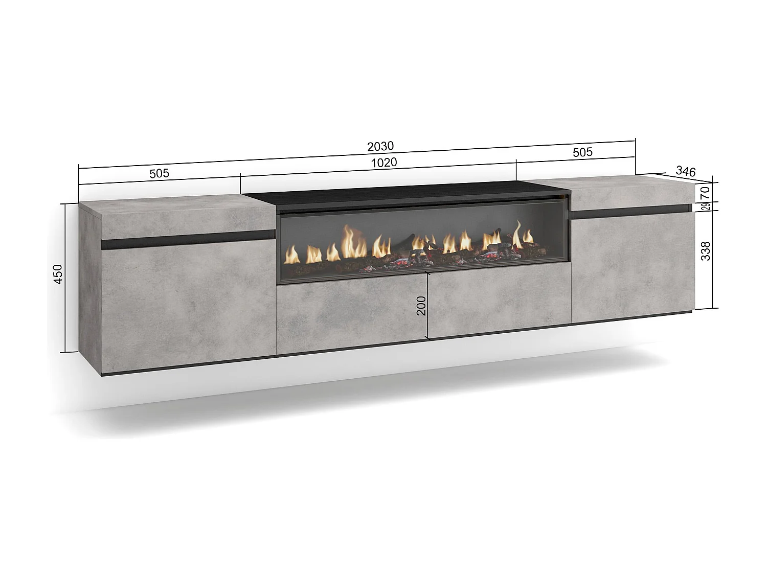 Móvel de TV, 200x35x45cm, Para televisores até 80", Lareira eléctrica, Suspensos, Cimento