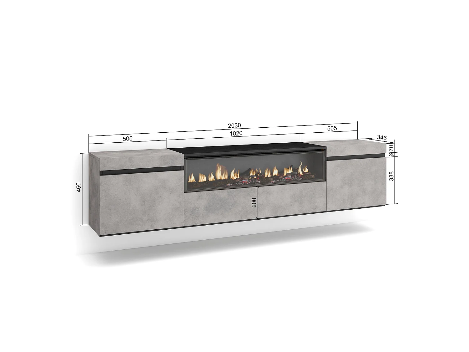 Mueble TV, Televisión, 200x35x45cm, Para TV hasta 80", Chimenea eléctrica, Colgado, Suspendido, Cemento