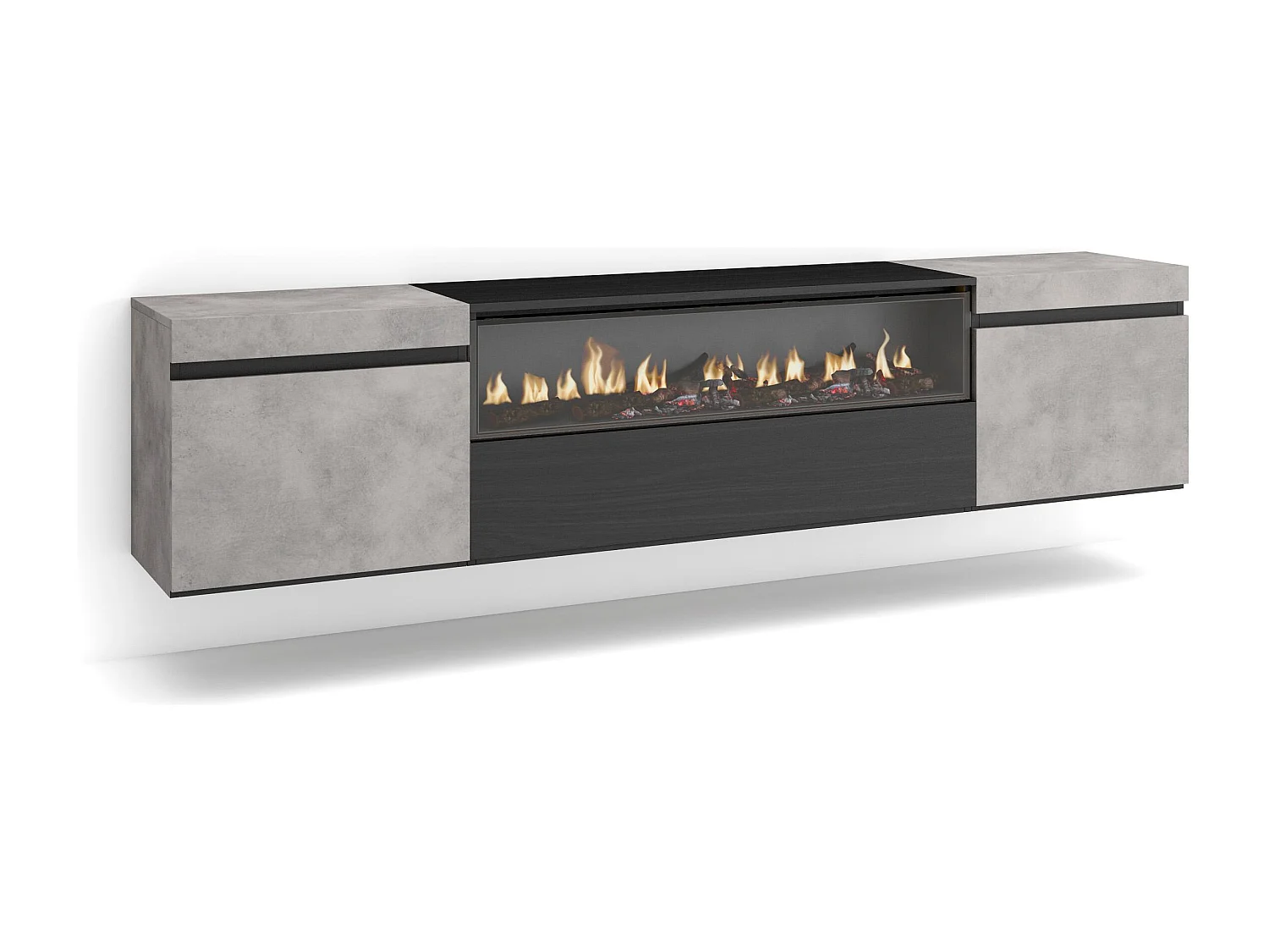 TV-Meubel, Lowboard, 200x35x45cm, Voor tv's tot 80", Elektrische haard, Hangend, Cement