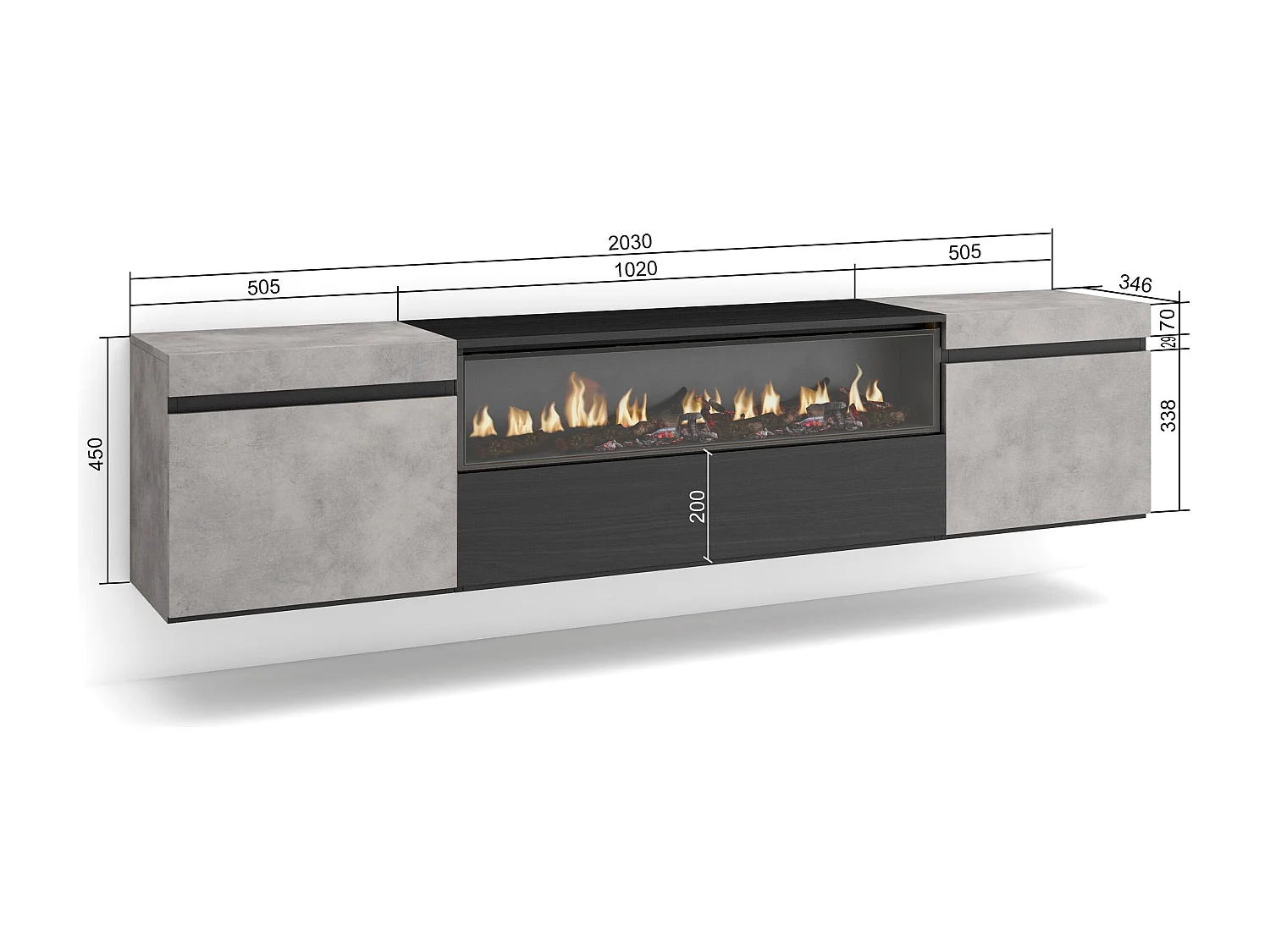 TV-Meubel, Lowboard, 200x35x45cm, Voor tv's tot 80", Elektrische haard, Hangend, Cement