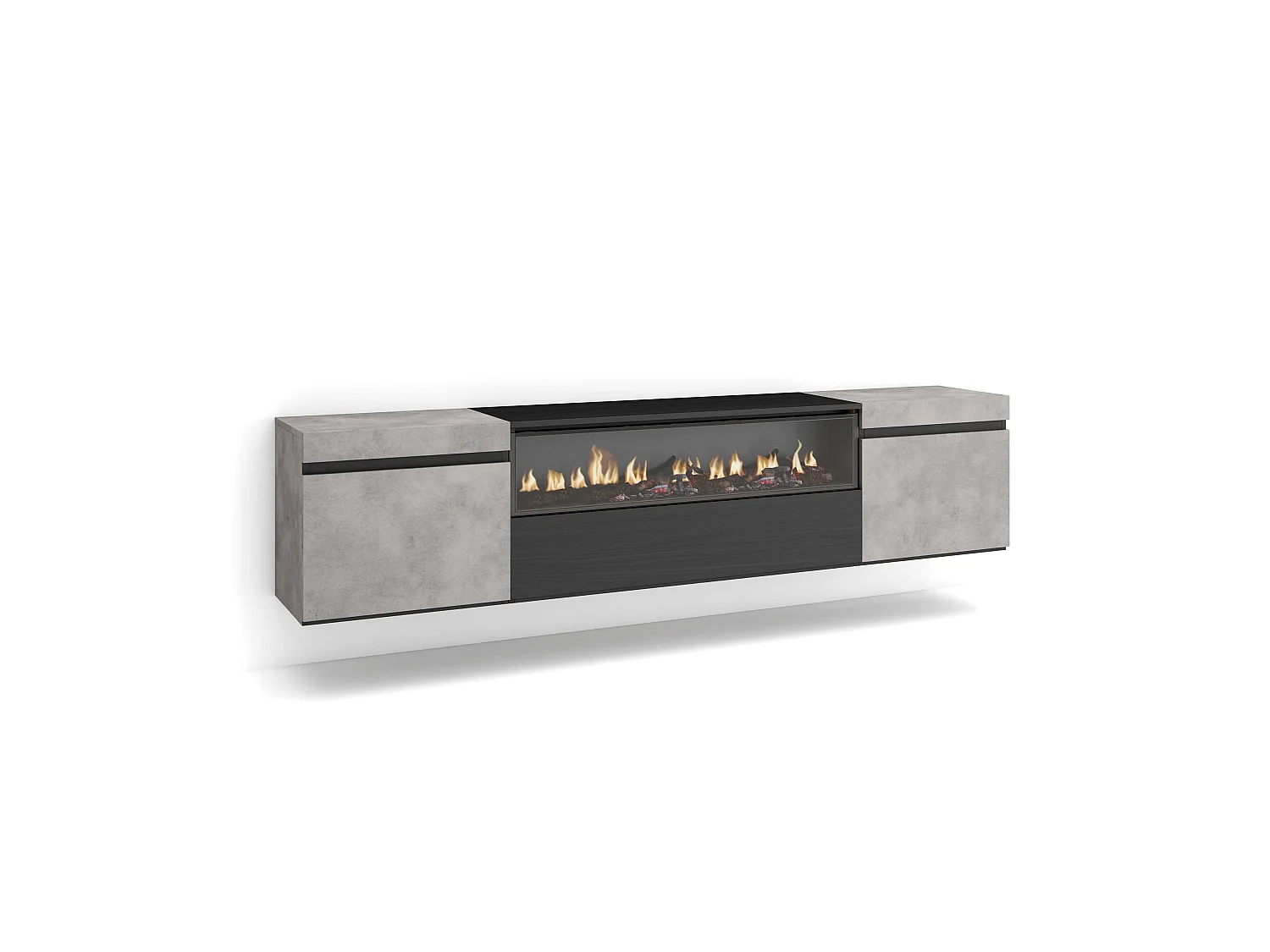 TV-Meubel, Lowboard, 200x35x45cm, Voor tv's tot 80", Elektrische haard, Hangend, Cement