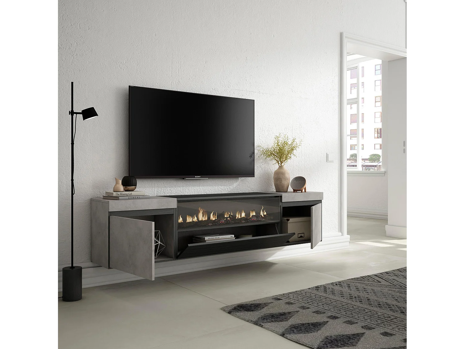 Meuble TV, Banc Télé, 200x35x45cm, Pour les TV jusqu'à 80", Cheminée électrique, Suspendu, Mural, Ciment