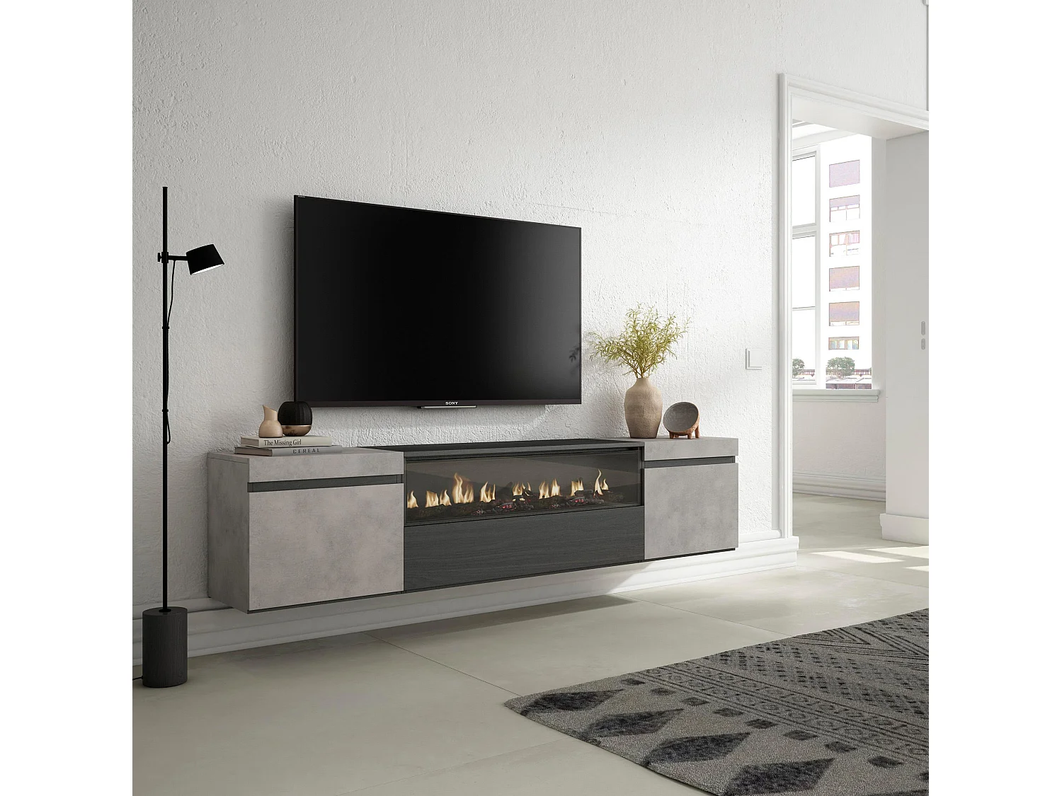 Meuble TV, Banc Télé, 200x35x45cm, Pour les TV jusqu'à 80", Cheminée électrique, Suspendu, Mural, Ciment