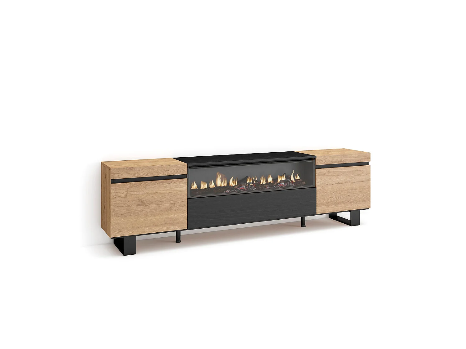 Meuble TV, Banc Télé, 200x35x57cm, Pour les TV jusqu'à 80", Cheminée électrique, Design industriel, Chêne et noir