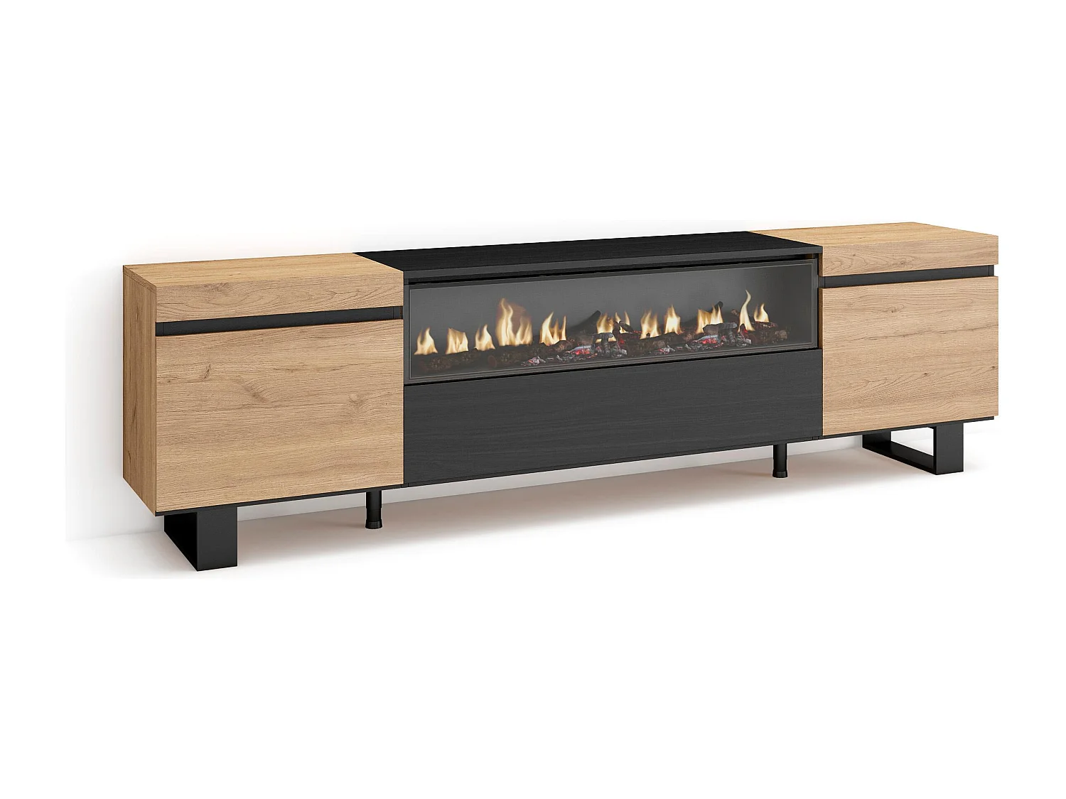 Meuble TV, Banc Télé, 200x35x57cm, Pour les TV jusqu'à 80", Cheminée électrique, Design industriel, Chêne et noir