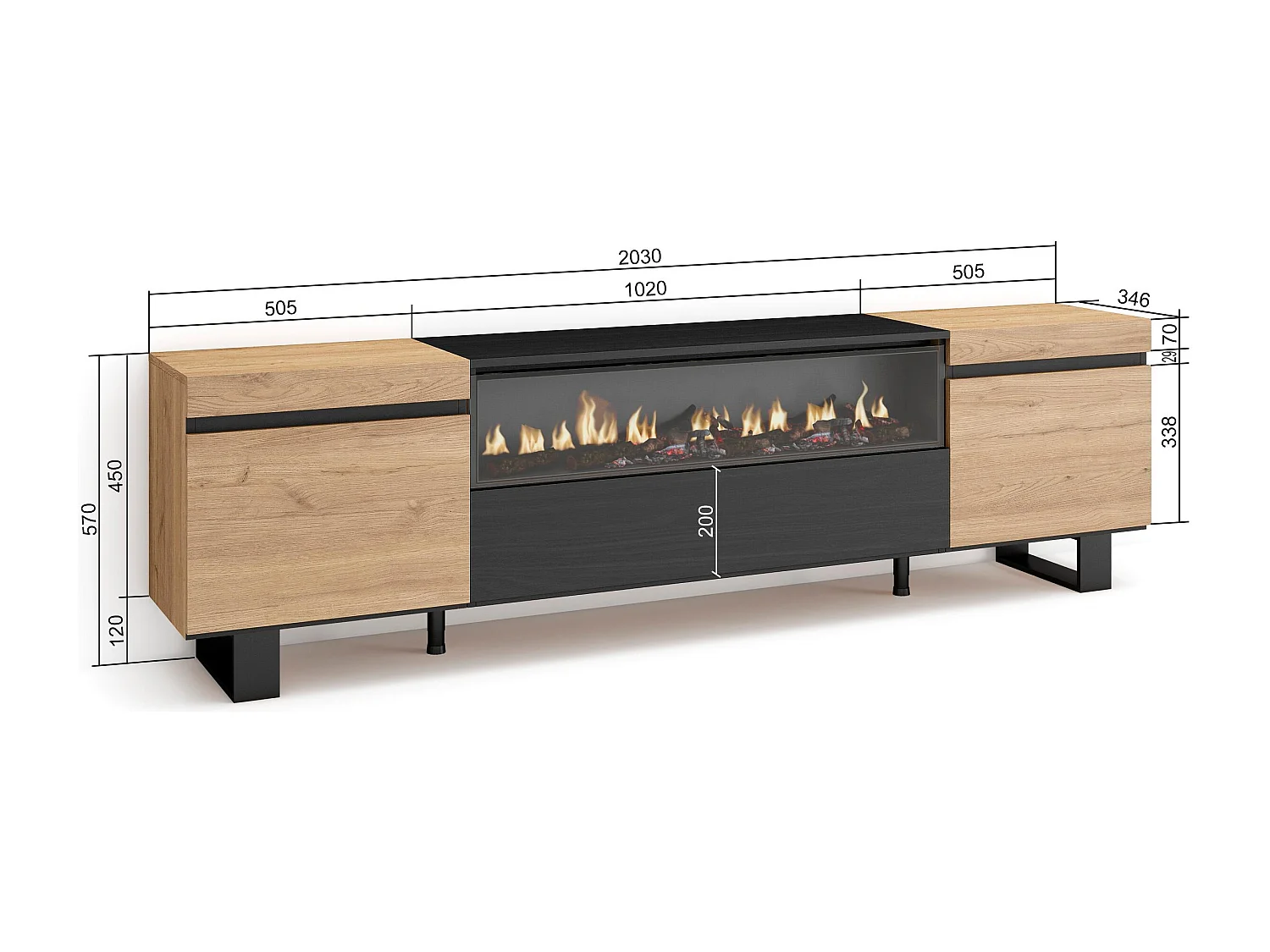 Meuble TV, Banc Télé, 200x35x57cm, Pour les TV jusqu'à 80", Cheminée électrique, Design industriel, Chêne et noir