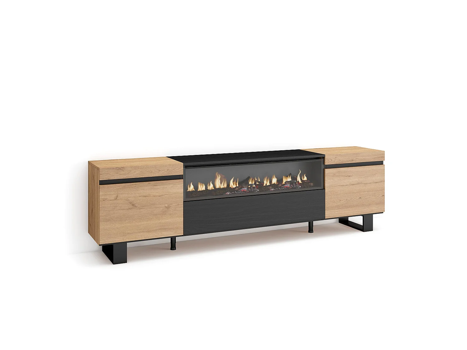 TV-Meubel, Lowboard, 200x35x57cm, Voor tv's tot 80", Elektrische haard, Industrieel design, Eiken/Zwart
