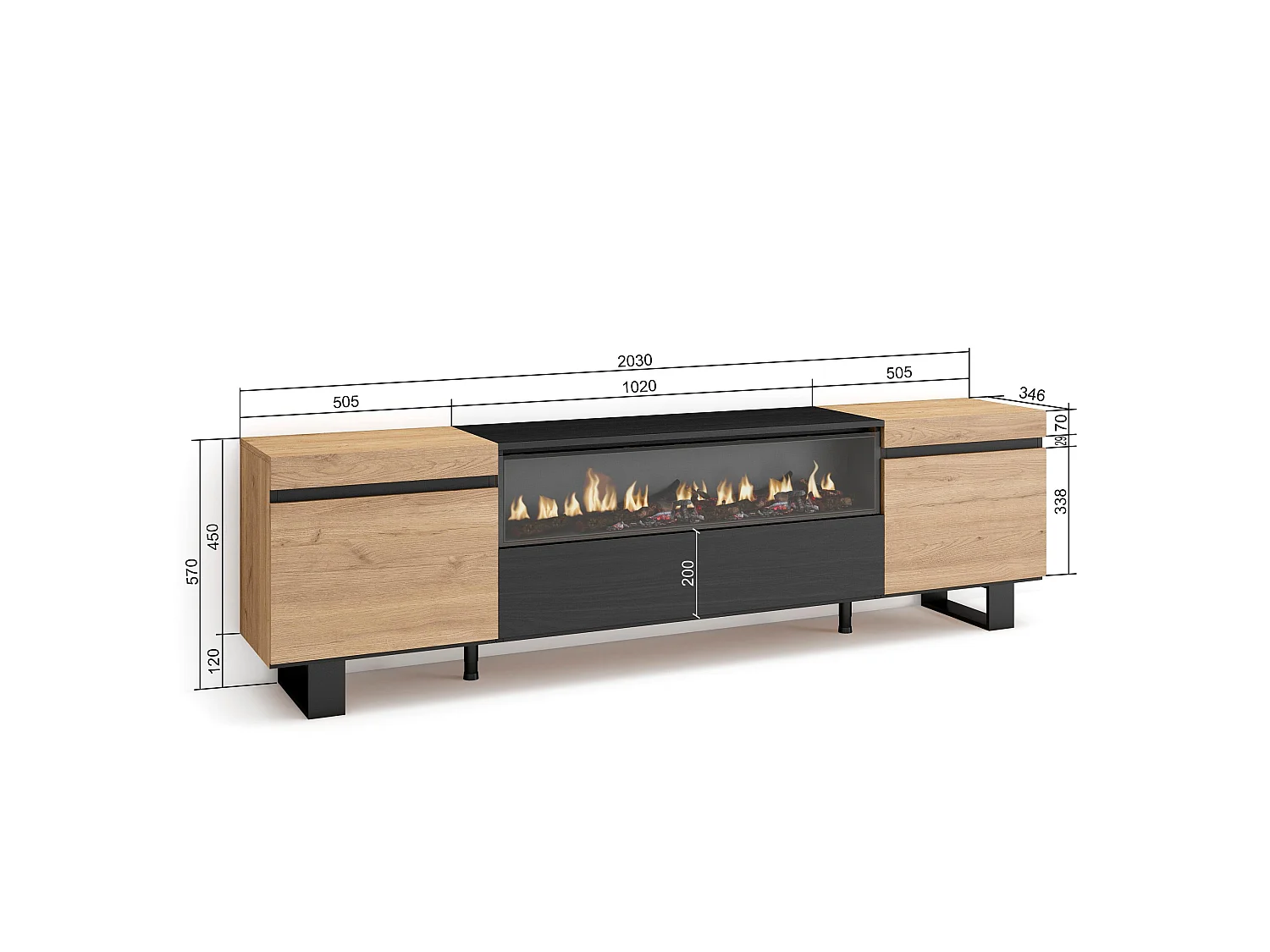 TV-Meubel, Lowboard, 200x35x57cm, Voor tv's tot 80", Elektrische haard, Industrieel design, Eiken/Zwart