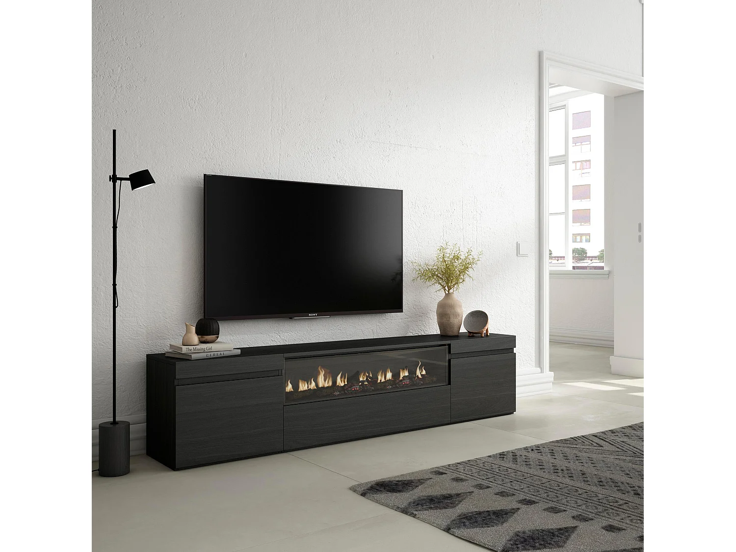 TV-Schrank, Lowboard, 200x35x45cm, Für TV-Geräte bis zu 80", Elektrokamin, Schwarz