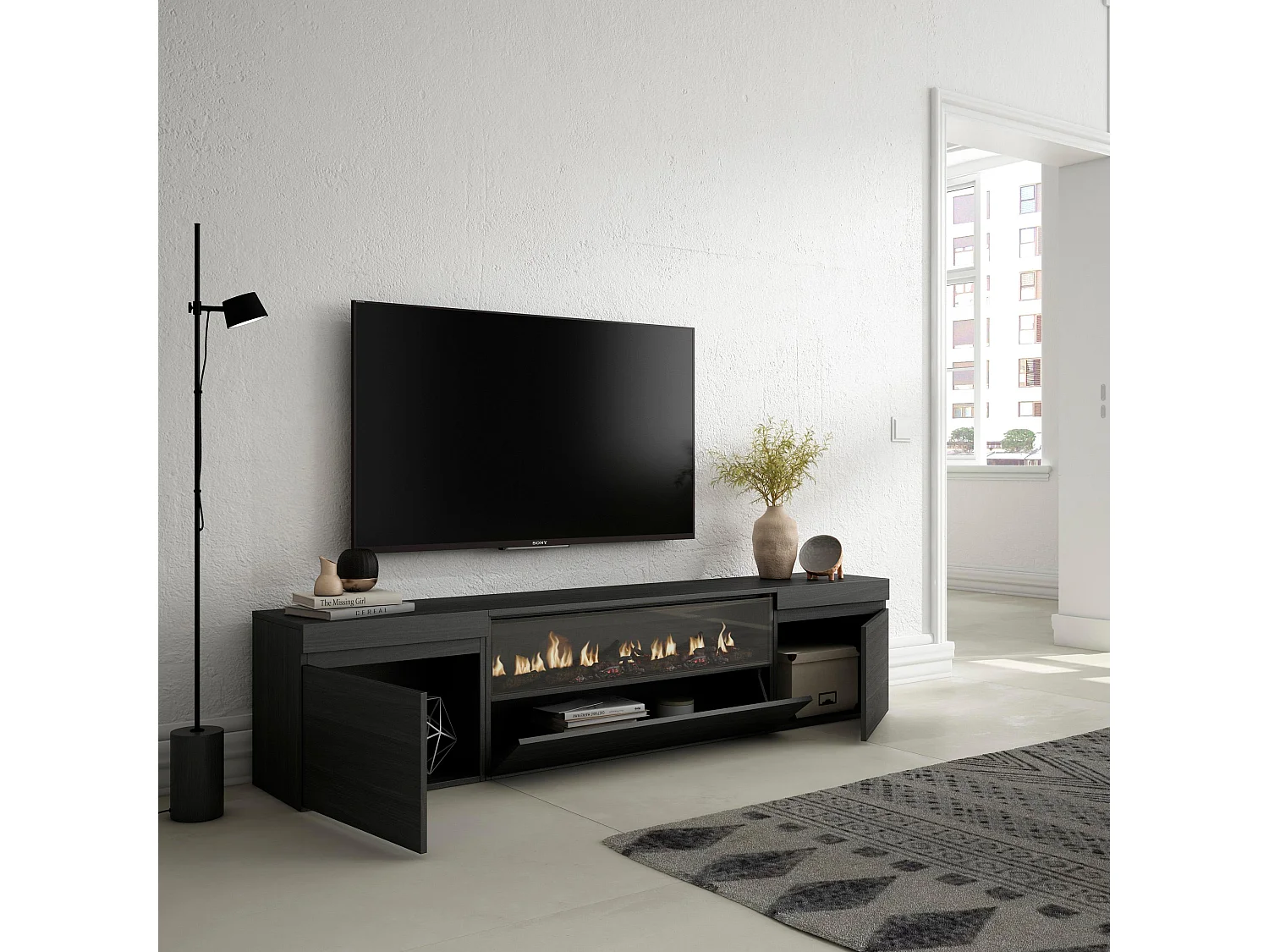 TV-Schrank, Lowboard, 200x35x45cm, Für TV-Geräte bis zu 80", Elektrokamin, Schwarz