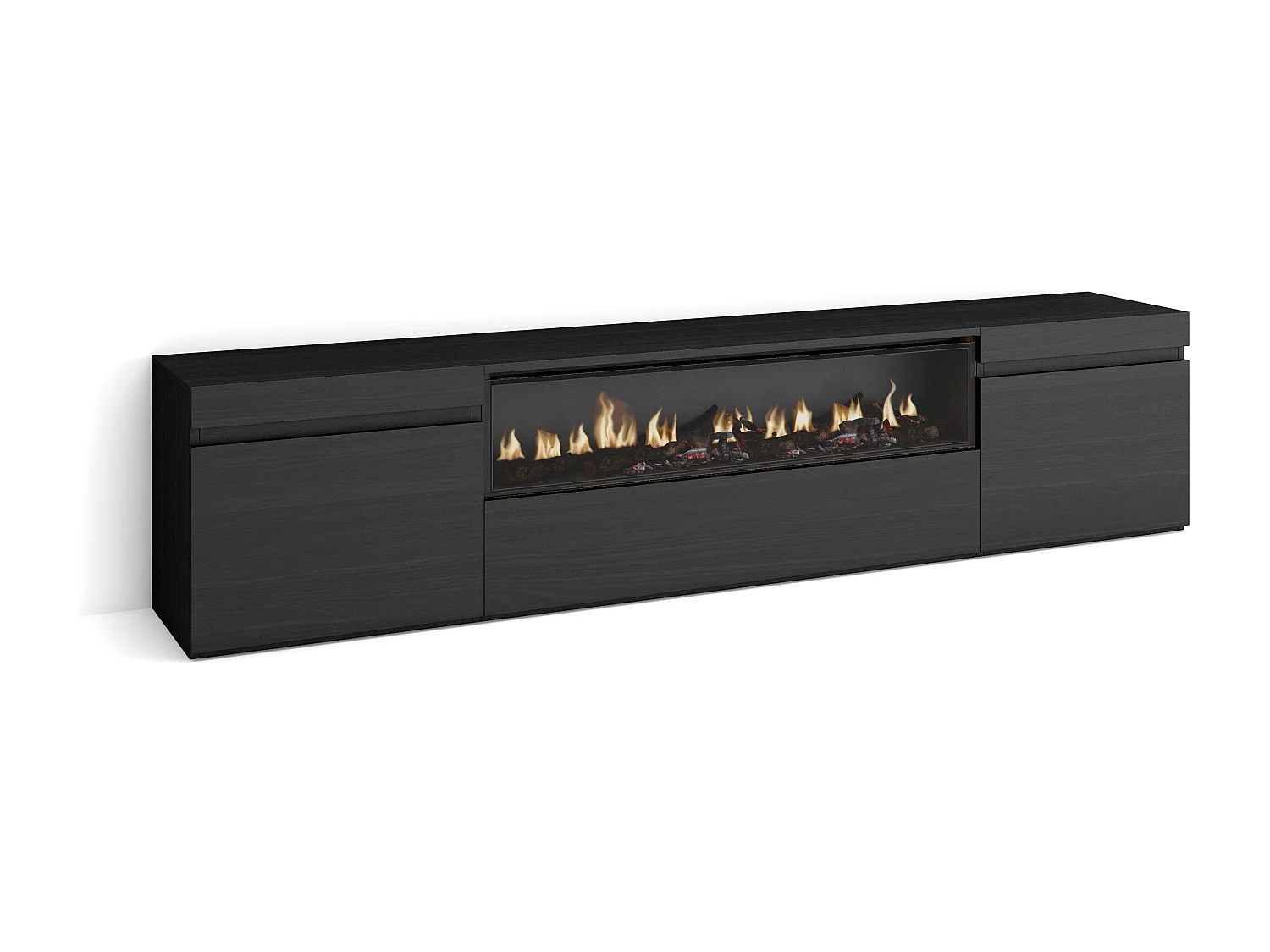 Meuble TV, Banc Télé, 200x35x45cm, Pour les TV jusqu'à 80", Cheminée électrique, Noir