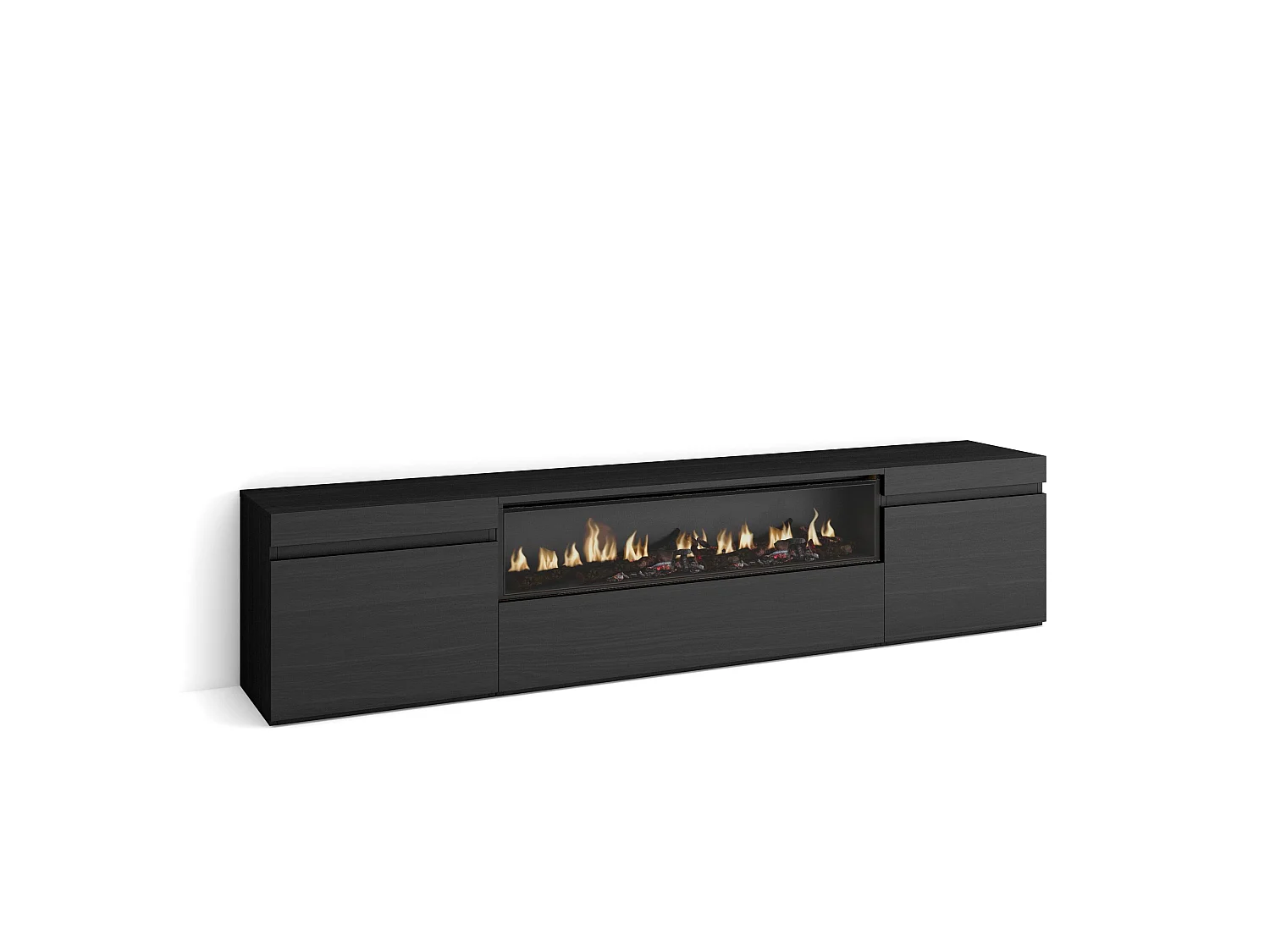 TV-Meubel, Lowboard, 200x35x45cm, Voor tv's tot 80", Elektrische haard, Zwart