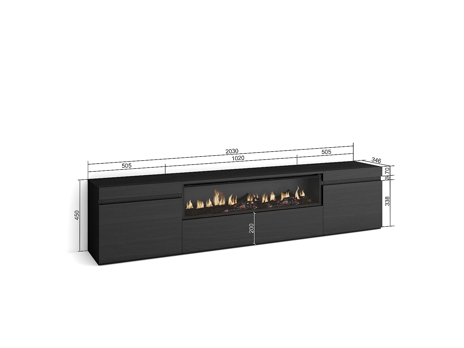 TV-Meubel, Lowboard, 200x35x45cm, Voor tv's tot 80", Elektrische haard, Zwart