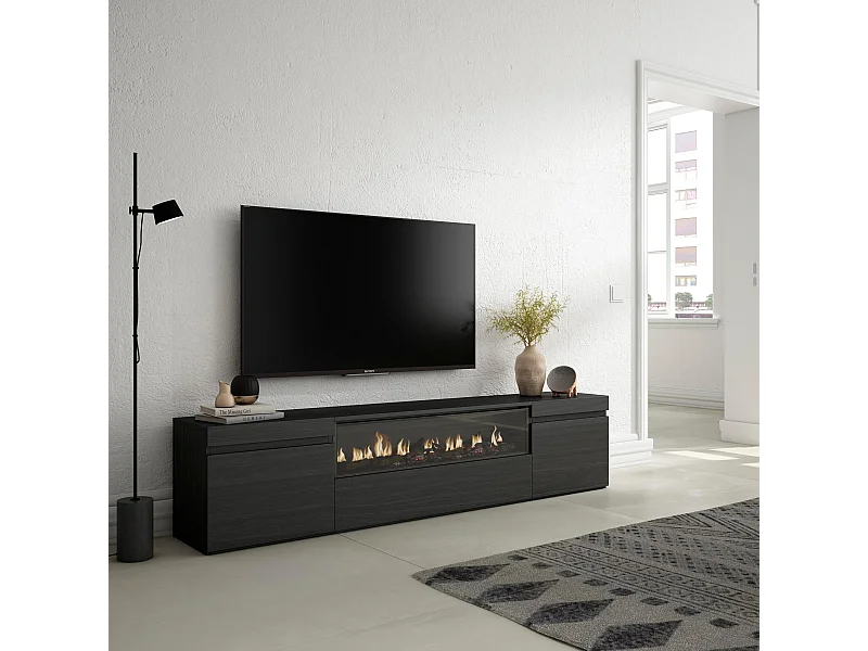 TV-Meubel, Lowboard, 200x35x45cm, Voor tv's tot 80", Elektrische haard, Zwart