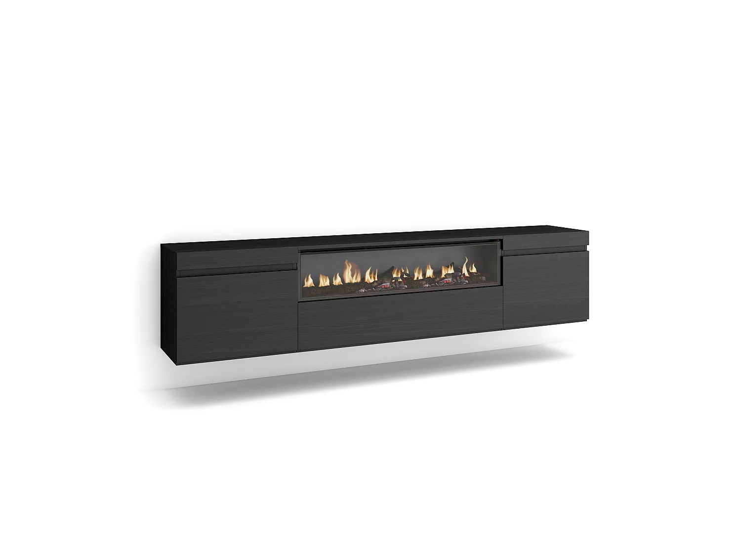 Meuble TV, Banc Télé, 200x35x45cm, Pour les TV jusqu'à 80", Cheminée électrique, Suspendu, Mural, Noir