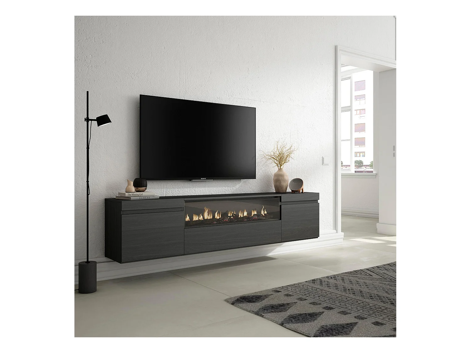 TV-Meubel, Lowboard, 200x35x45cm, Voor tv's tot 80", Elektrische haard, Hangend, Zwart