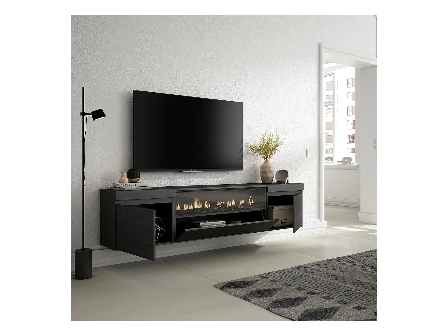 TV-Meubel, Lowboard, 200x35x45cm, Voor tv's tot 80", Elektrische haard, Hangend, Zwart