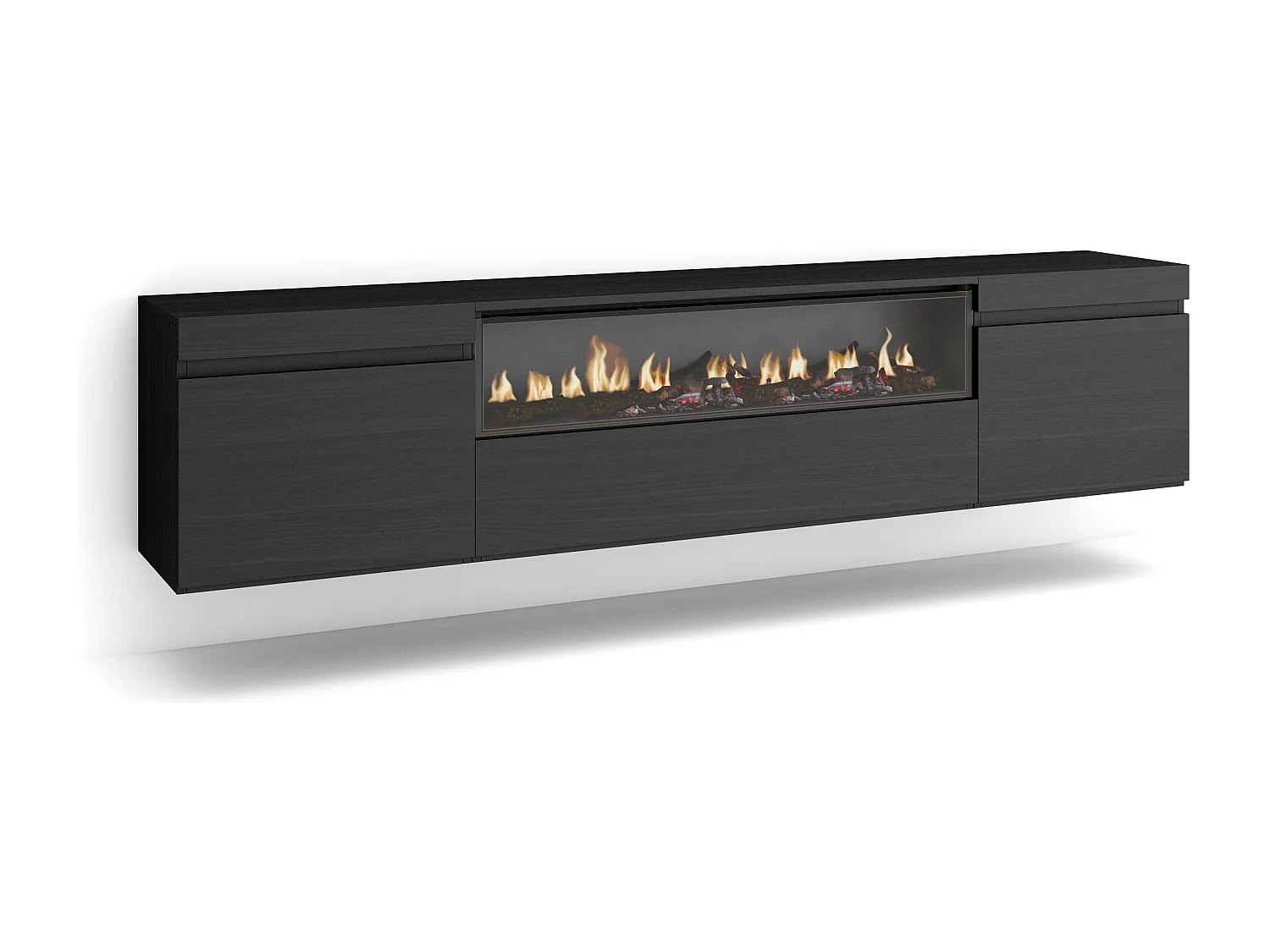 Meuble TV, Banc Télé, 200x35x45cm, Pour les TV jusqu'à 80", Cheminée électrique, Suspendu, Mural, Noir