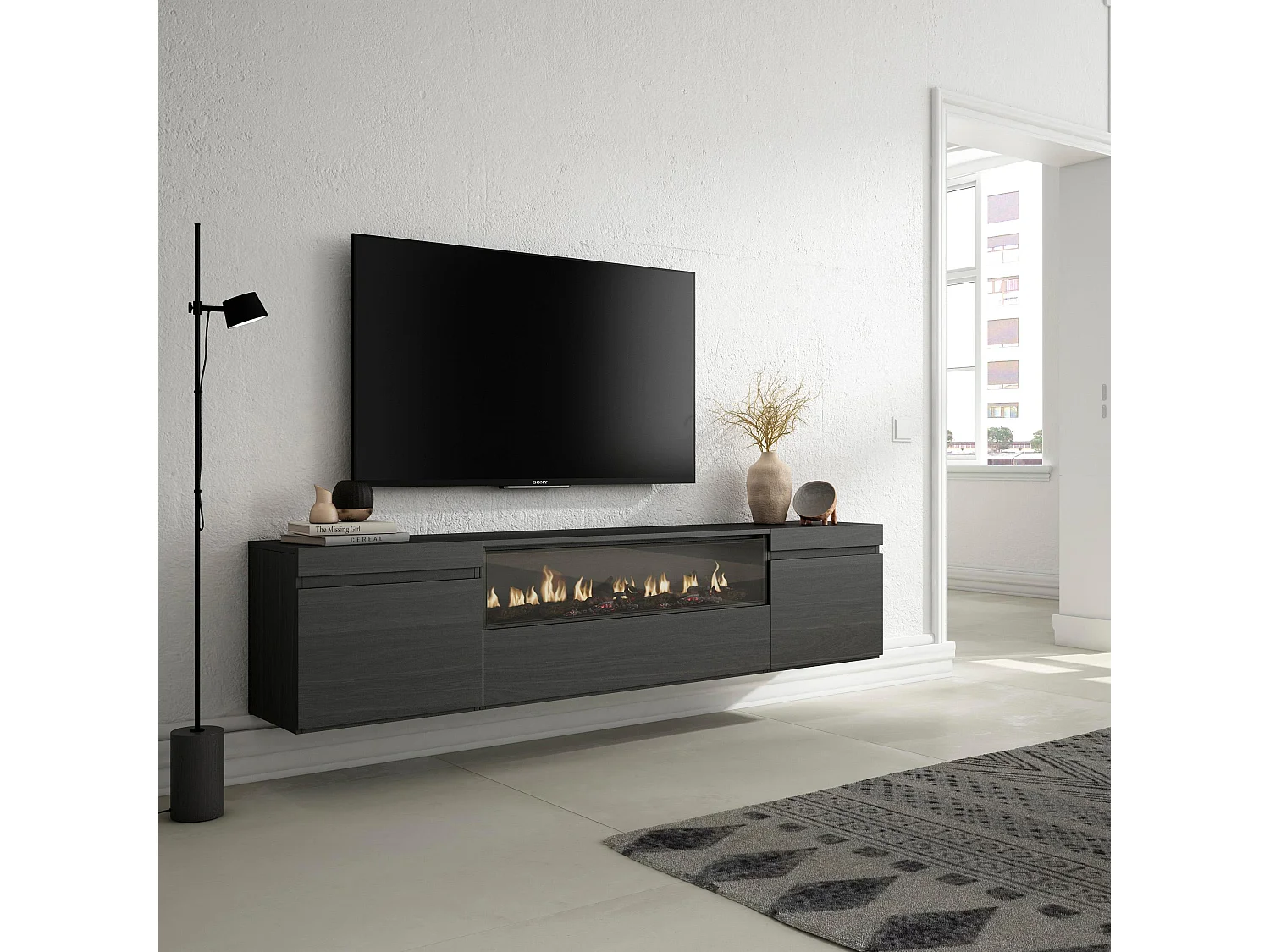TV-Meubel, Lowboard, 200x35x45cm, Voor tv's tot 80", Elektrische haard, Hangend, Zwart