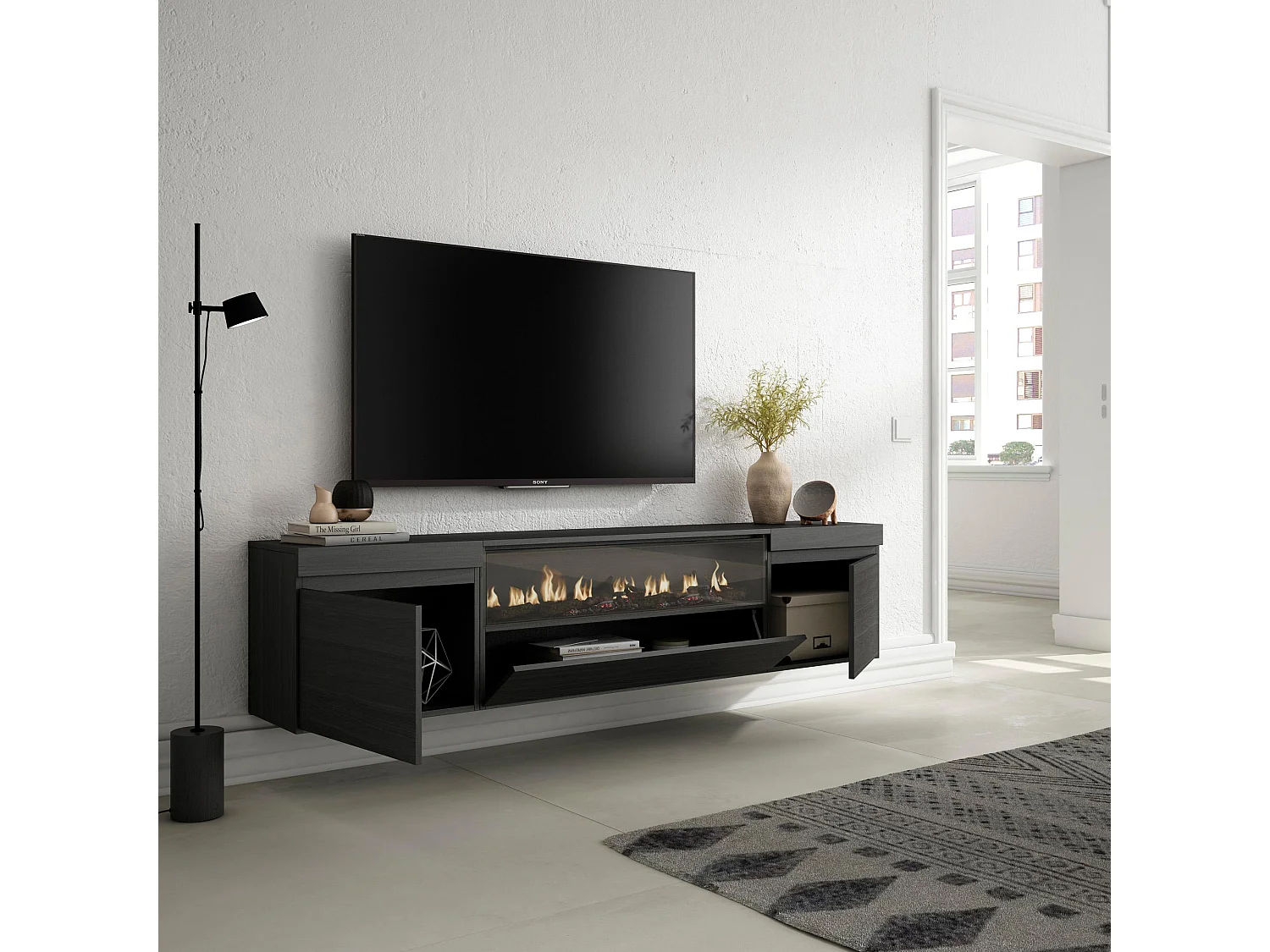 TV-Meubel, Lowboard, 200x35x45cm, Voor tv's tot 80", Elektrische haard, Hangend, Zwart