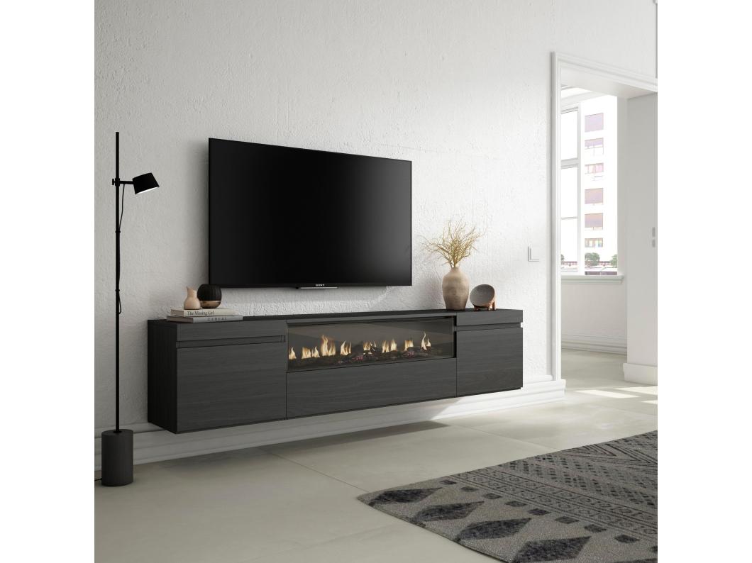TV-Meubel, Lowboard, 200x45x35cm, Voor tv's tot 80", Elektrische haard, Hangend, Zwart