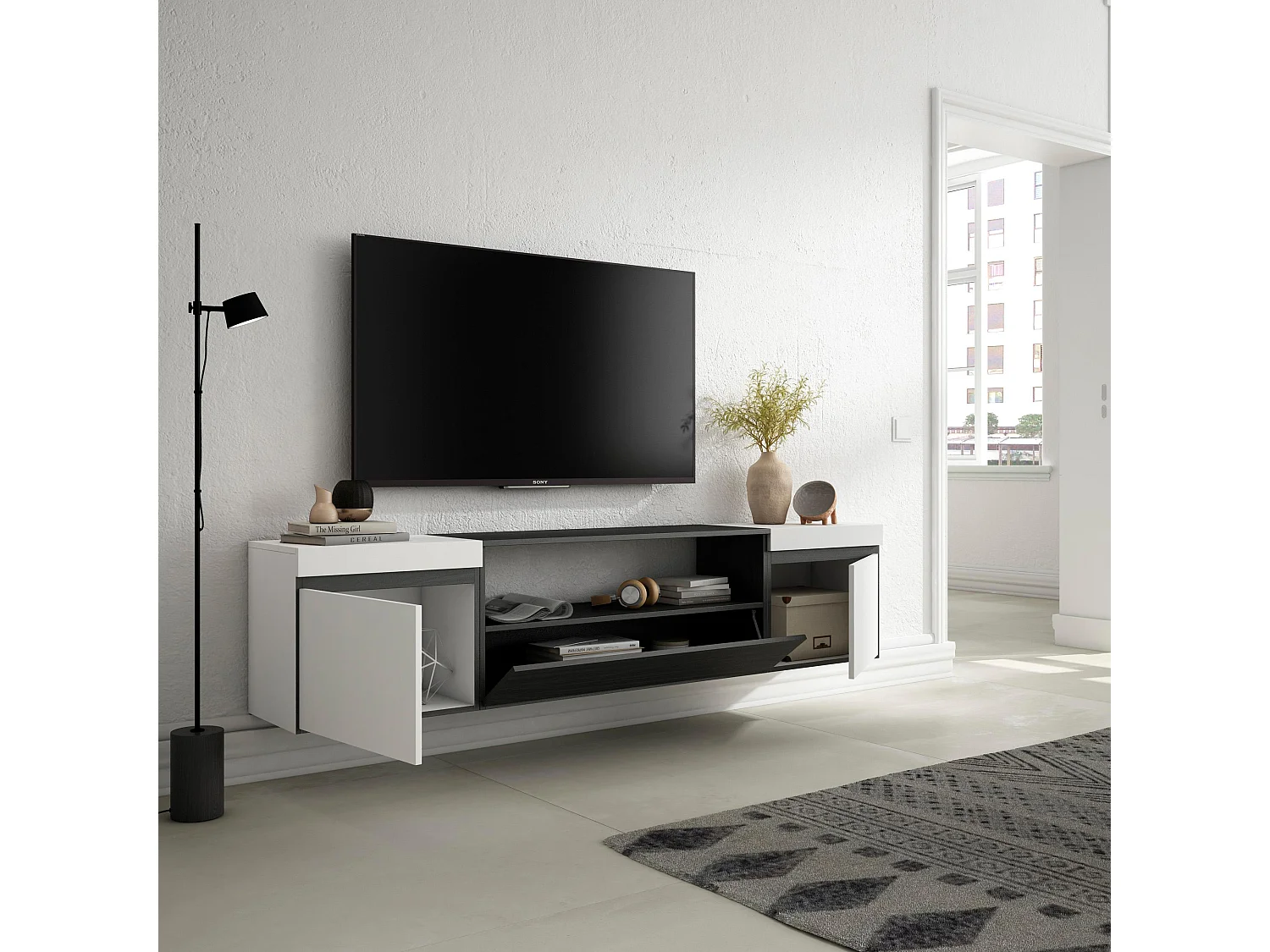 Meuble TV, Banc Télé, 200x35x45cm, Pour les TV jusqu'à 80", Suspendu, Mural, Blanc et noir