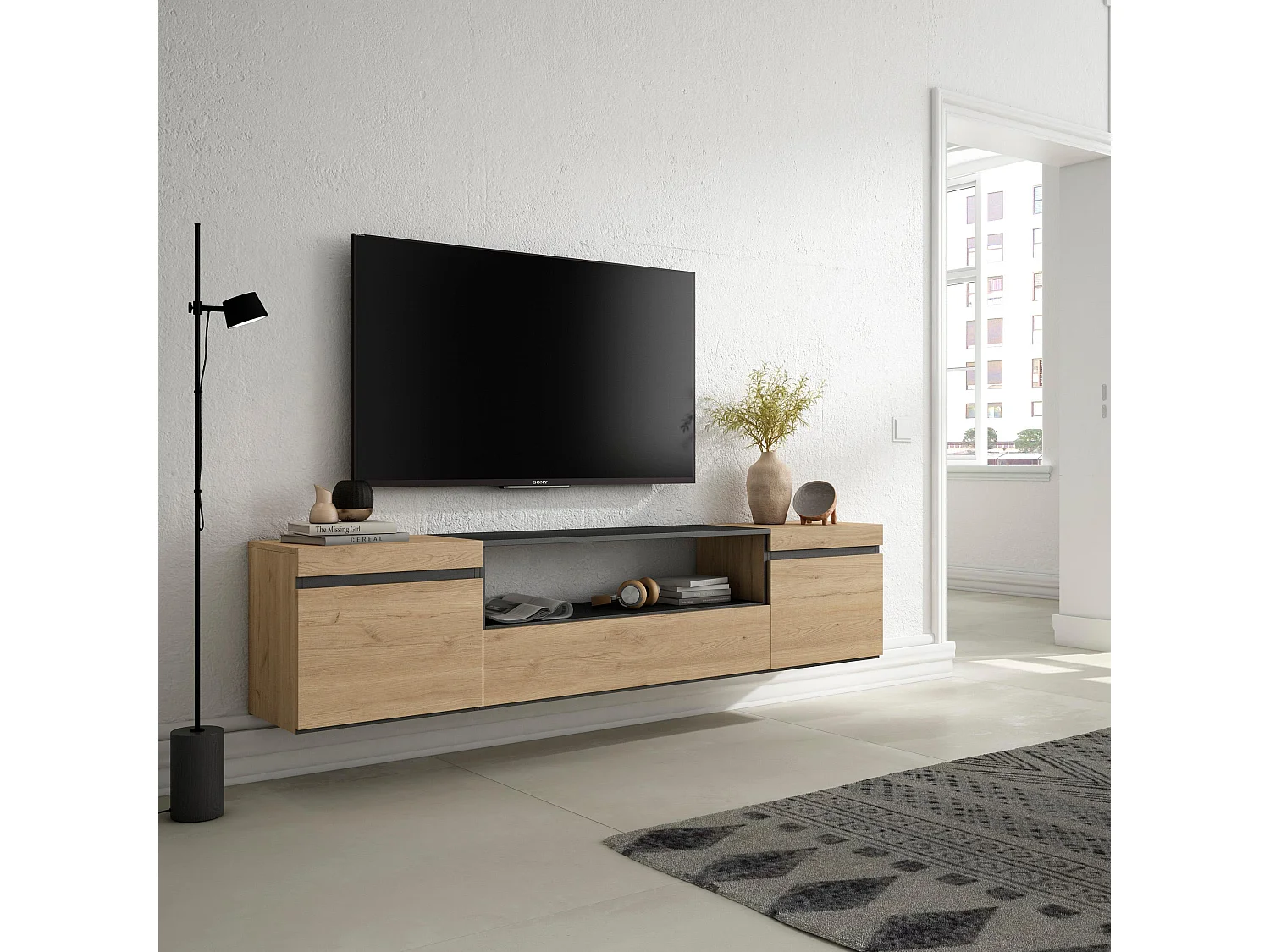 Meuble TV, Banc Télé, 200x35x45cm, Pour les TV jusqu'à 80", Suspendu, Mural, Chêne et noir