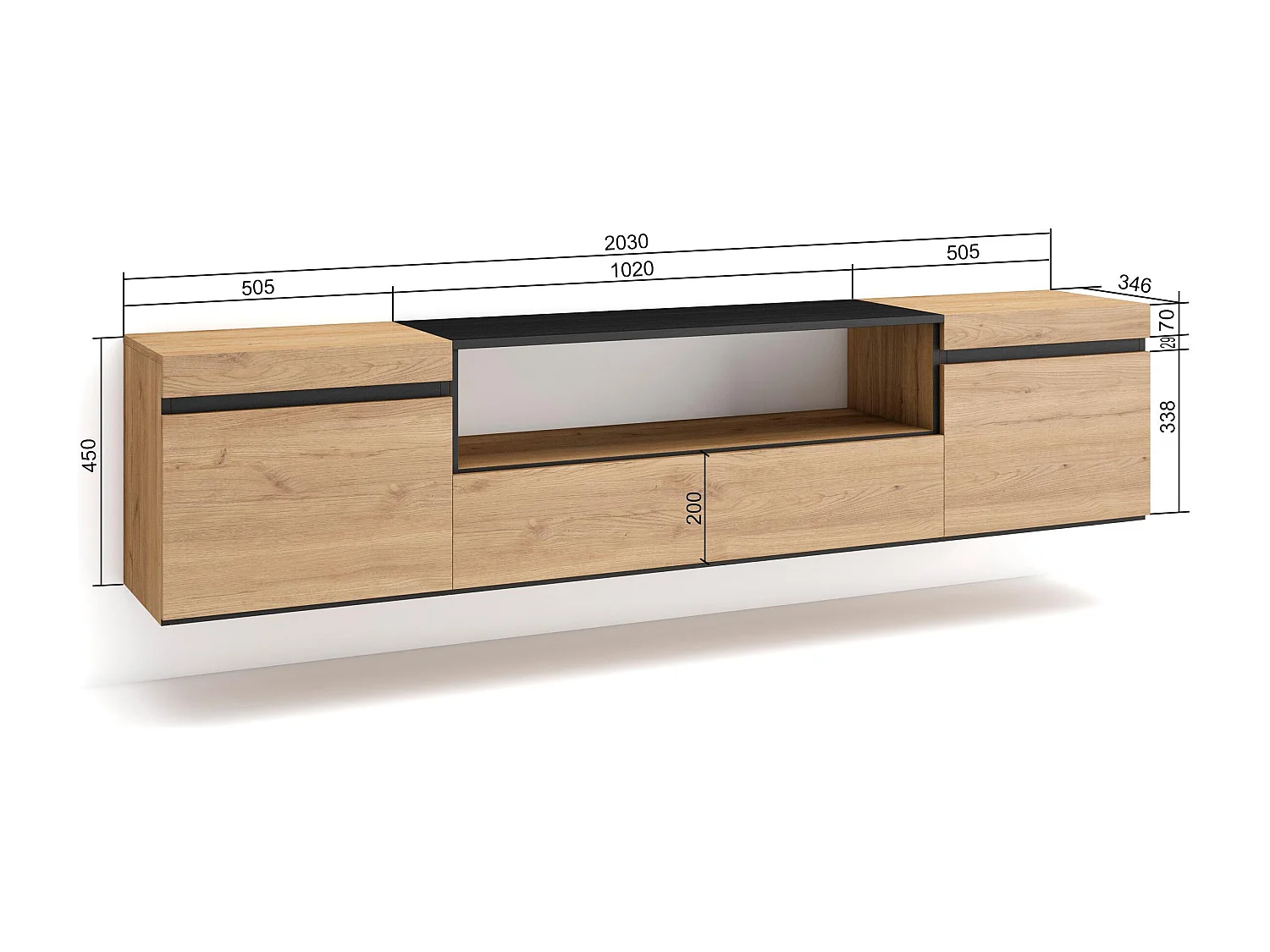 Meuble TV, Banc Télé, 200x35x45cm, Pour les TV jusqu'à 80", Suspendu, Mural, Chêne et noir