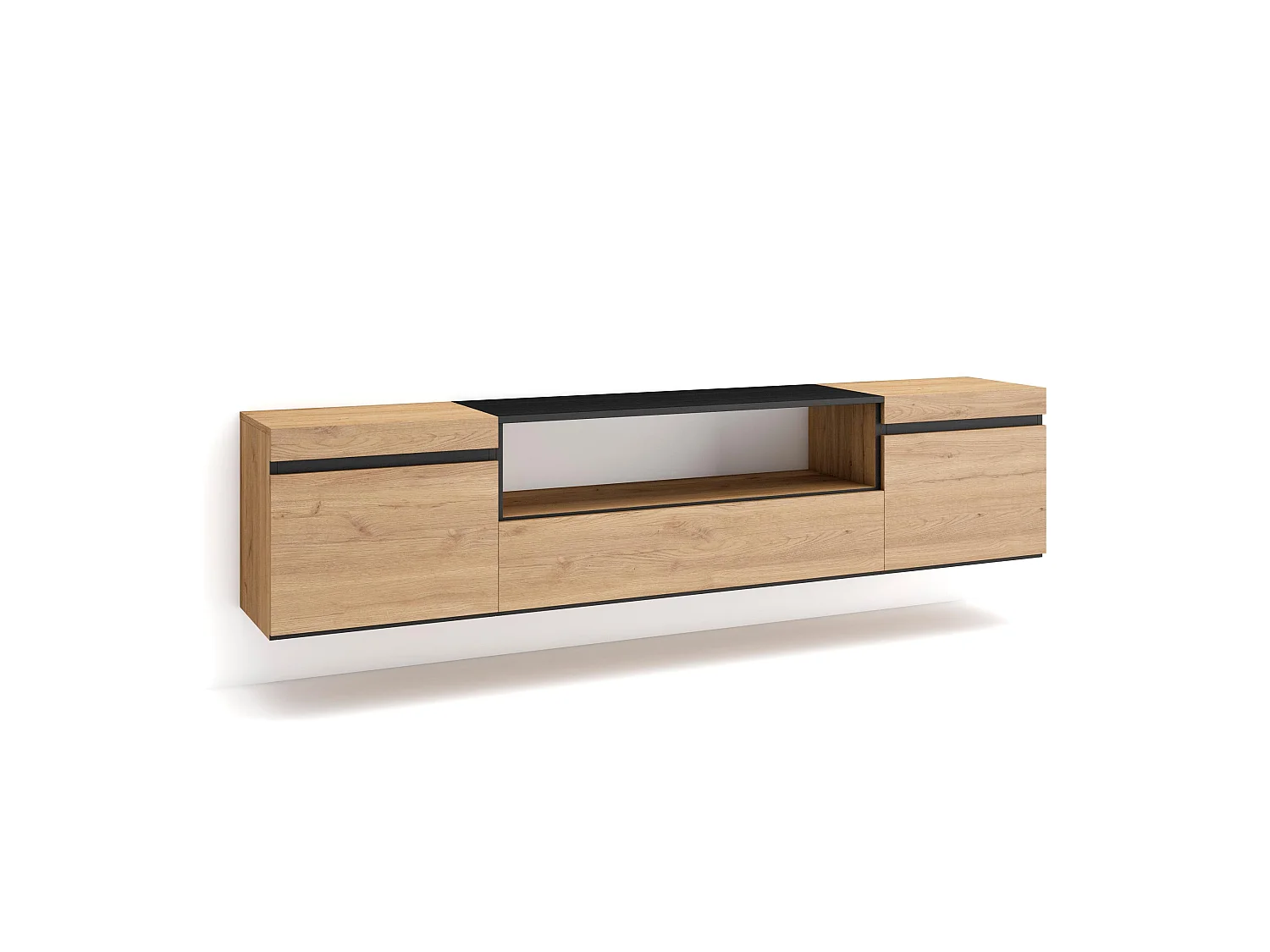 Meuble TV, Banc Télé, 200x35x45cm, Pour les TV jusqu'à 80", Suspendu, Mural, Chêne et noir