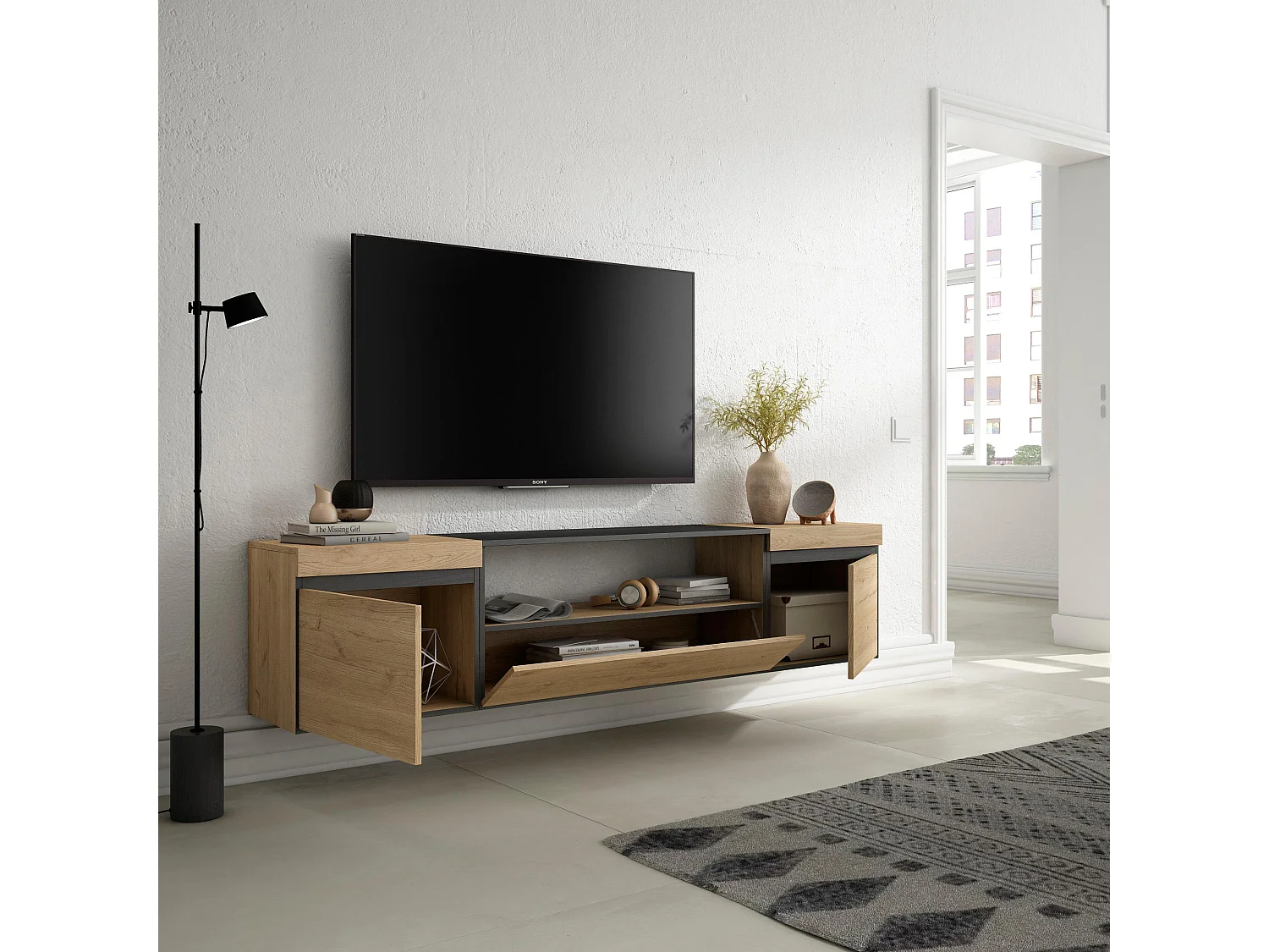 Meuble TV, Banc Télé, 200x35x45cm, Pour les TV jusqu'à 80", Suspendu, Mural, Chêne et noir