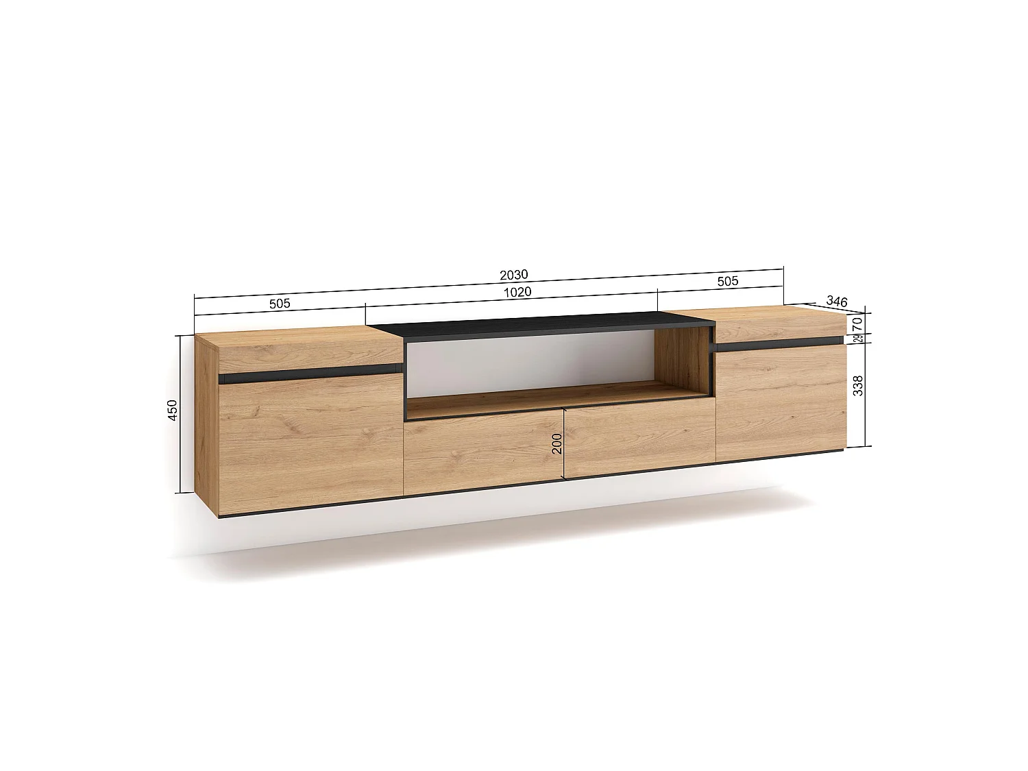 Meuble TV, Banc Télé, 200x35x45cm, Pour les TV jusqu'à 80", Suspendu, Mural, Chêne et noir