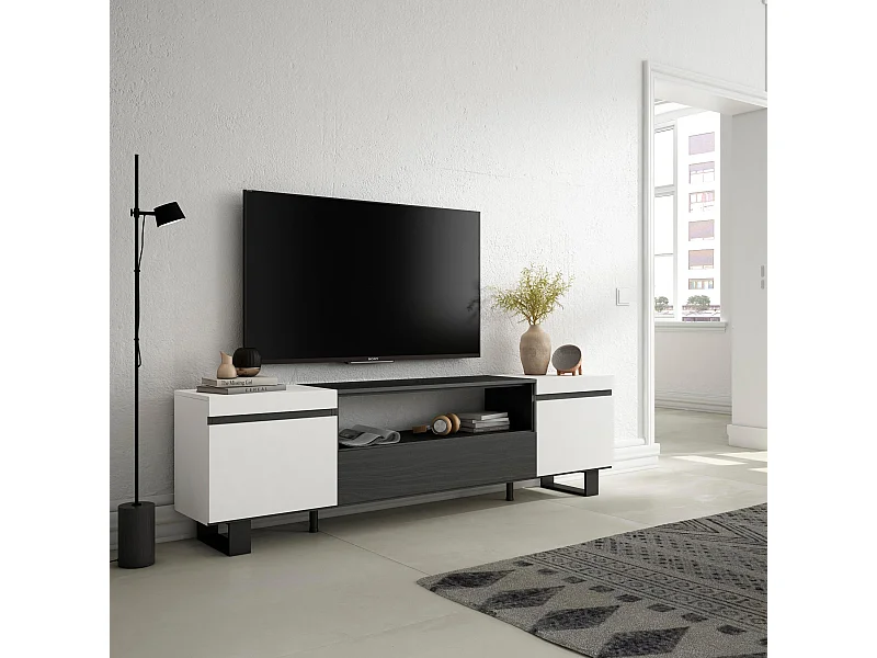 Mobile TV Soggiorno, 200x35x57cm, Per TV fino a 80", Design industriale, Bianco e nero