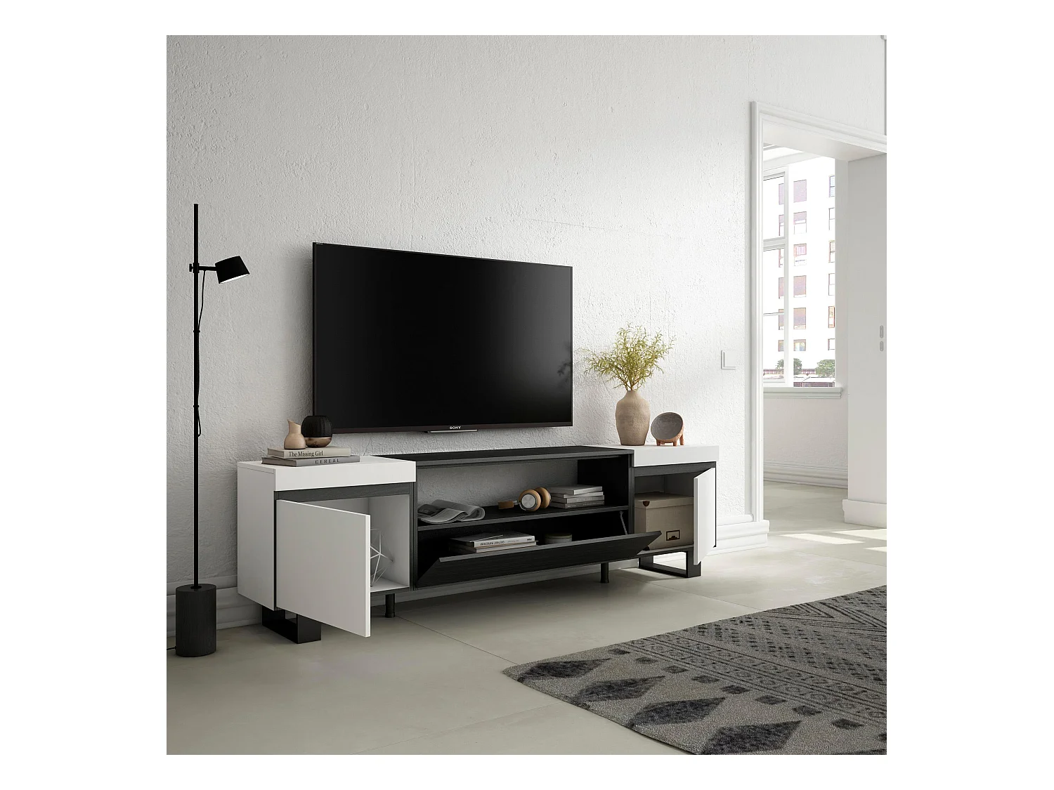 TV-Schrank, Lowboard, 200x35x57cm, Für TV-Geräte bis zu 80", Industriedesign, Weiß und Schwarz