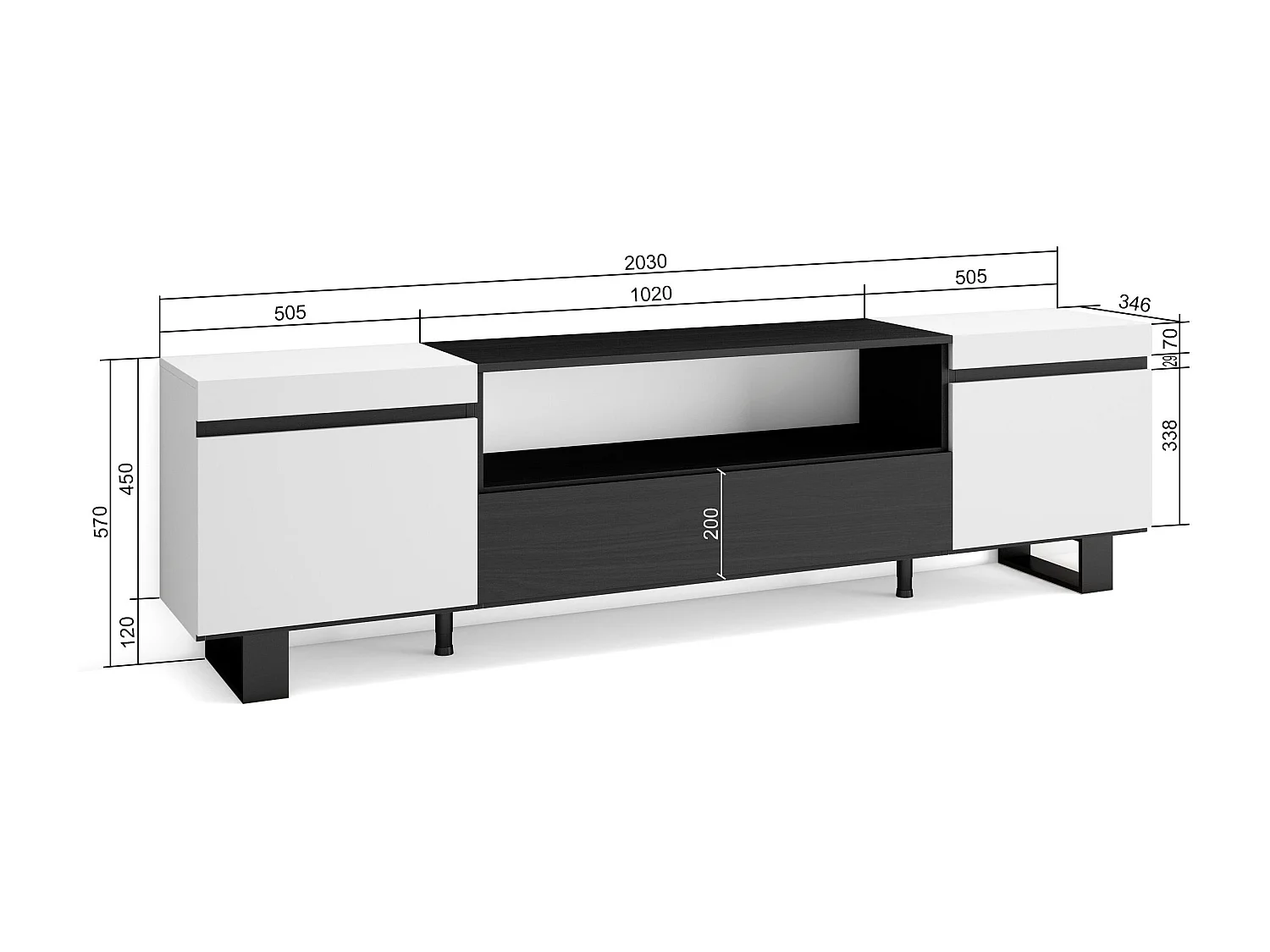 TV-Schrank, Lowboard, 200x35x57cm, Für TV-Geräte bis zu 80", Industriedesign, Weiß und Schwarz