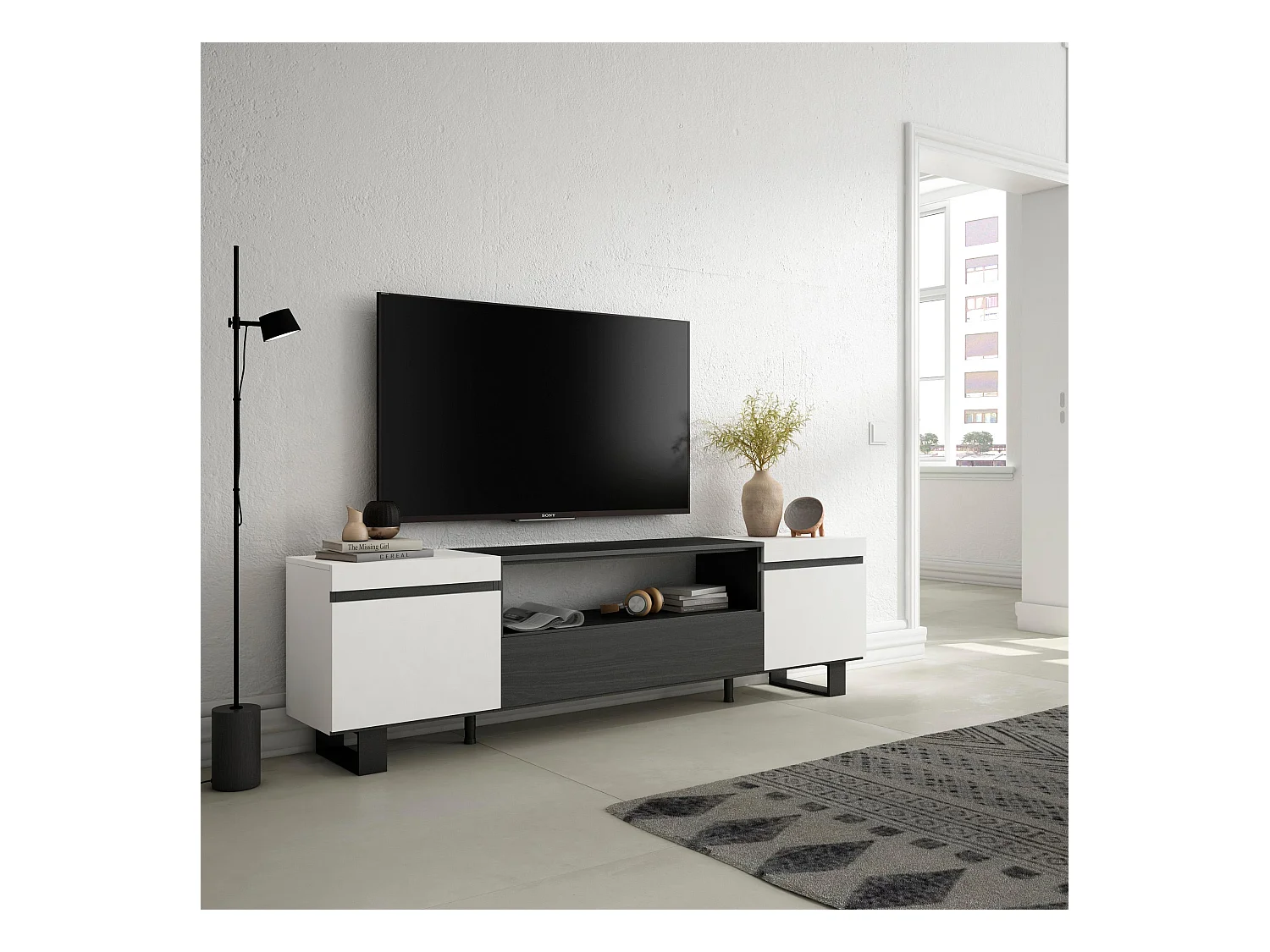 TV-Meubel, Lowboard, 200x35x57cm, Voor tv's tot 80", Industrieel design, Wit en Zwart