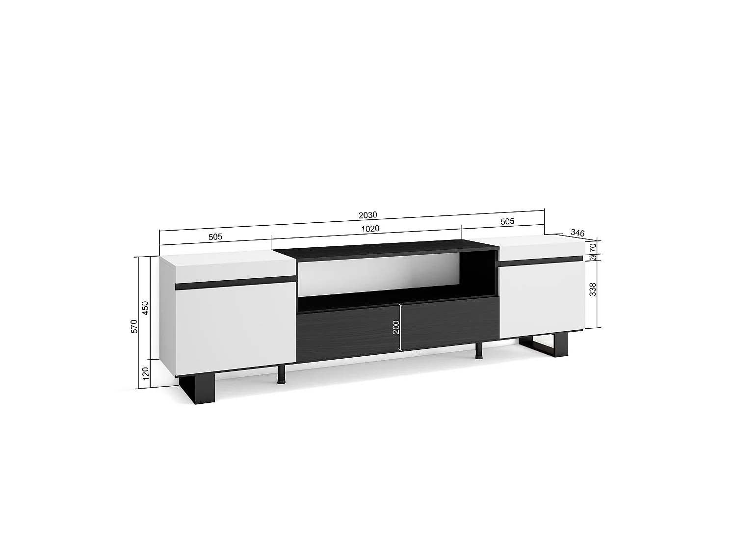 TV-Meubel, Lowboard, 200x35x57cm, Voor tv's tot 80", Industrieel design, Wit en Zwart